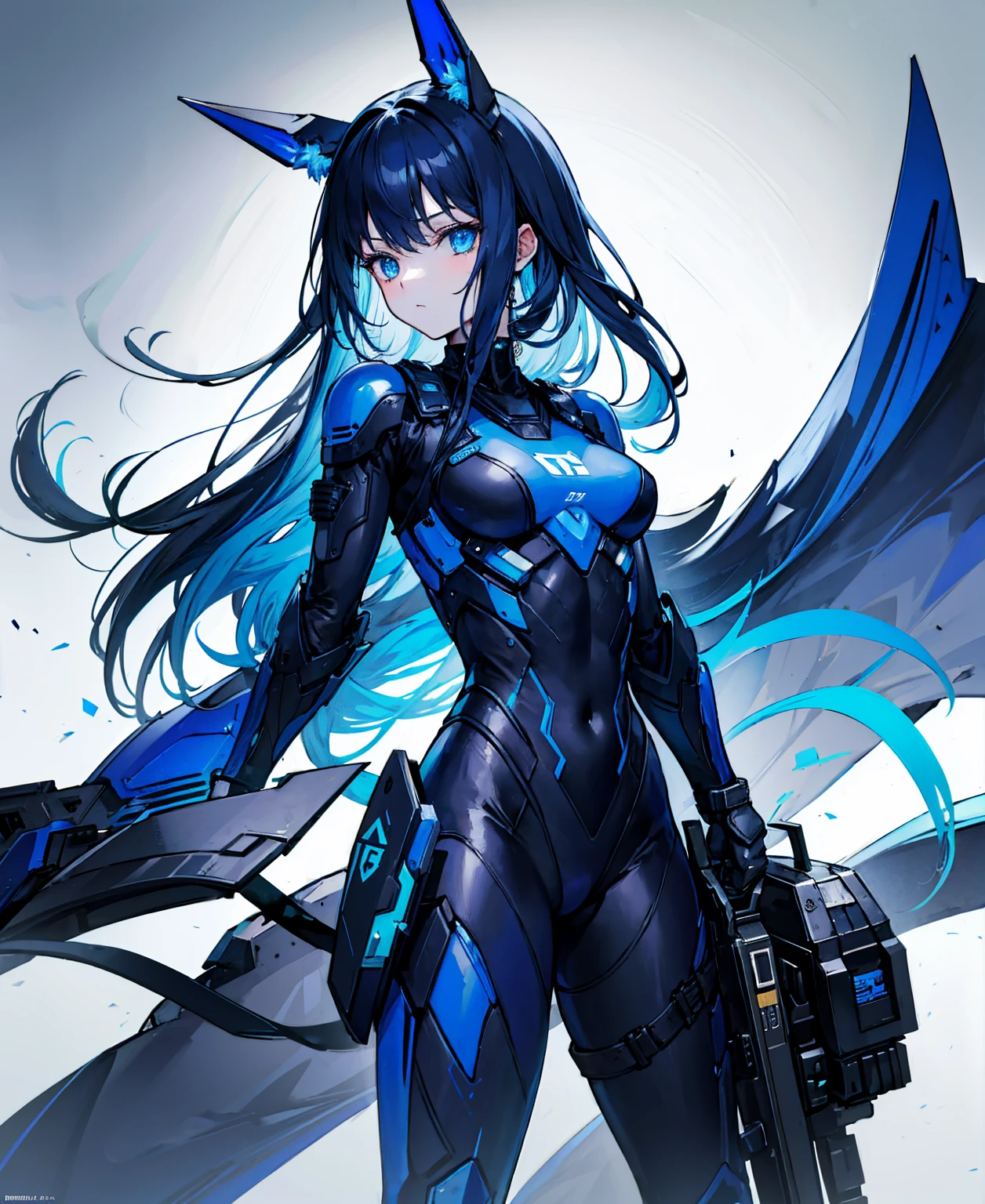 no background,girl,carry a firearm,Enamel-like tight suit,use of firearms,dark blue long hair,attention arousal,blue colored eyes,no gradation