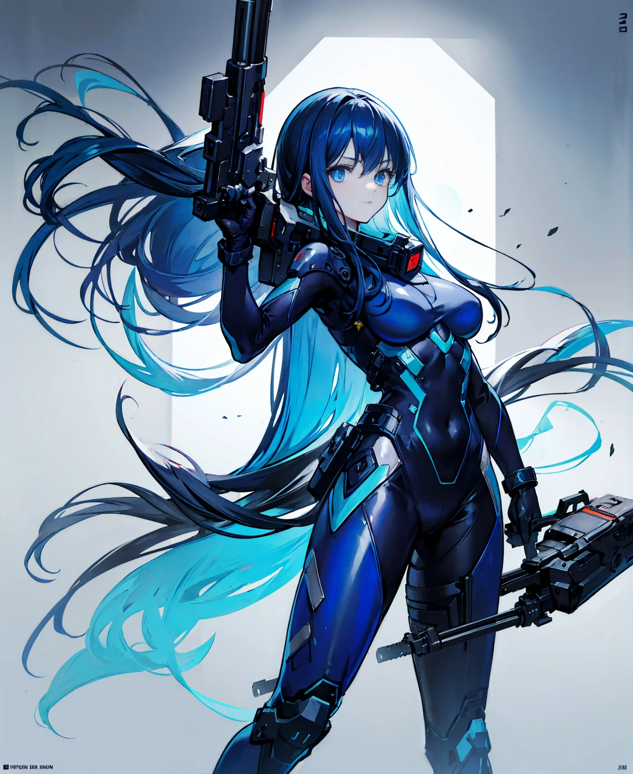 no background,girl,carry a firearm,Enamel-like tight suit,use of firearms,dark blue long hair,attention arousal,blue colored eyes,no gradation