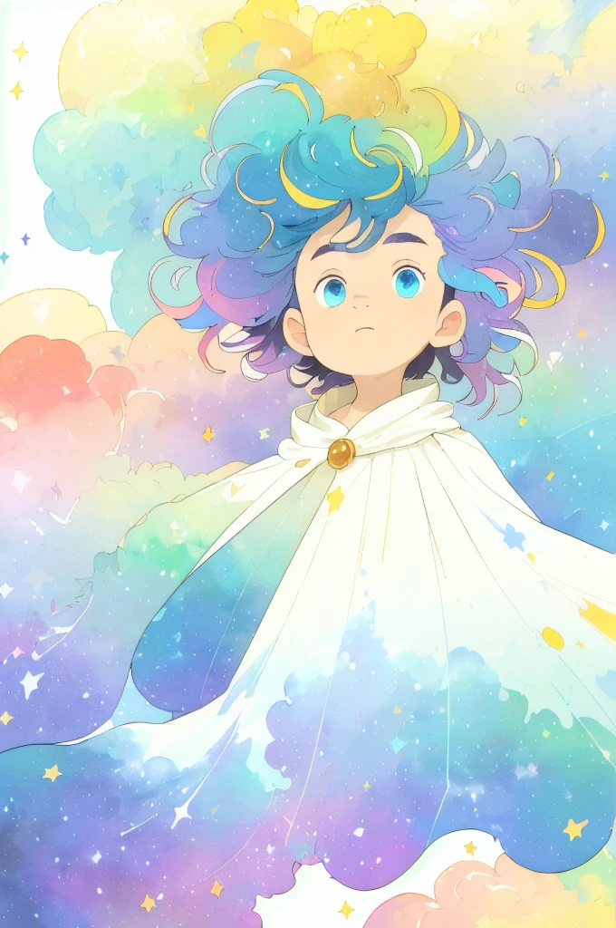 ((masterpiece)), (((best quality))), ((ultra-detailed)), ((illustration)),[realism light effect],shadow,(Fantasy style),(white background:1.6), simple background, (earth theme),(a cloak)[(hair focus,((1boy)),[(big slime hair): (cloud hair):0.3], (hair on background),(high saturation),(hair surrounded by galaxy splashes),)):((her hair is becoming galaxy clouds,:1.27628), (hair and clothes is galaxy clouds and cluster of stars:1.1025),(a cloak is becoming galaxy clouds)(colorful_galaxy_print_clusters_of_stars_print:1.35),((detailed starry sky with colorful galaxy and galaxy clouds):1.2)):0.35], (((masterpiece))),(((best quality))),((ultra-detailed)),(illustration),(dynamic angle),((floating)),(paint),((disheveled hair)),((beautiful detailed face)),collar,bare shoulders, ((colorful hair)),((streaked hair)),beautiful detailed eyes,(Gradient color eyes),(((colorful eyes))),(((colorful background))),(((high saturation))),(((surrounded by colorful splashes))),(((surrounded by colorful dot))),colorful bubble,((shining)),