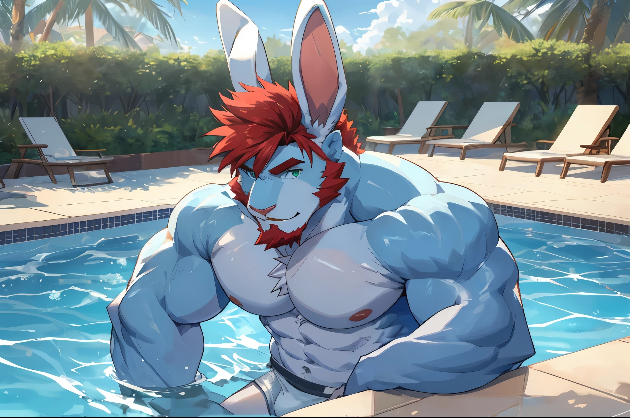 ((best quality)), ((masterpiece)), (detailed), perfect face, bara furry, rabbit man, big body, light blue skin, short quiff red hair, green eyes, perfect eyes, big rabbit ears, handsome, at pool, white underwear