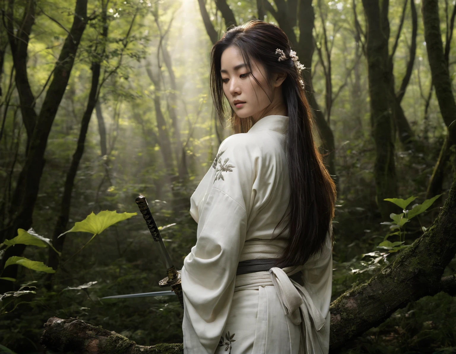 A lone sword woman, standing gracefully in the midst of a serene and peaceful forest clearing. Her long, flowing hair cascades down her back, swaying gently with each breath she takes. She wears a simple yet elegant white kimono, adorned with intricate embroidery that seems to blend seamlessly into the surrounding nature. The woman's slender fingers rest lightly on the hilt of her sword, which hangs loosely at her side, its polished blade catching the faint rays of sunlight that manage to pierce through the canopy of trees above. Her face serene and peaceful, as she engages in deep meditation, seeking solitude and inner calm within the embrace of nature. The air around her seems to hum with an ethereal stillness, punctuated only by the occasional song of a distant bird or the rustle of leaves in the gentle breeze. The woman's presence is powerful yet understated, a testament to her mastery of not only her sword, but also her own mind and spirit., upper body portrait, detailed face, detailed skin, detailed texture, detailed environment, sharp focus, depth of field, 8k photo, HDR, professional lighting, taken with Canon EOS R5, 75mm lens