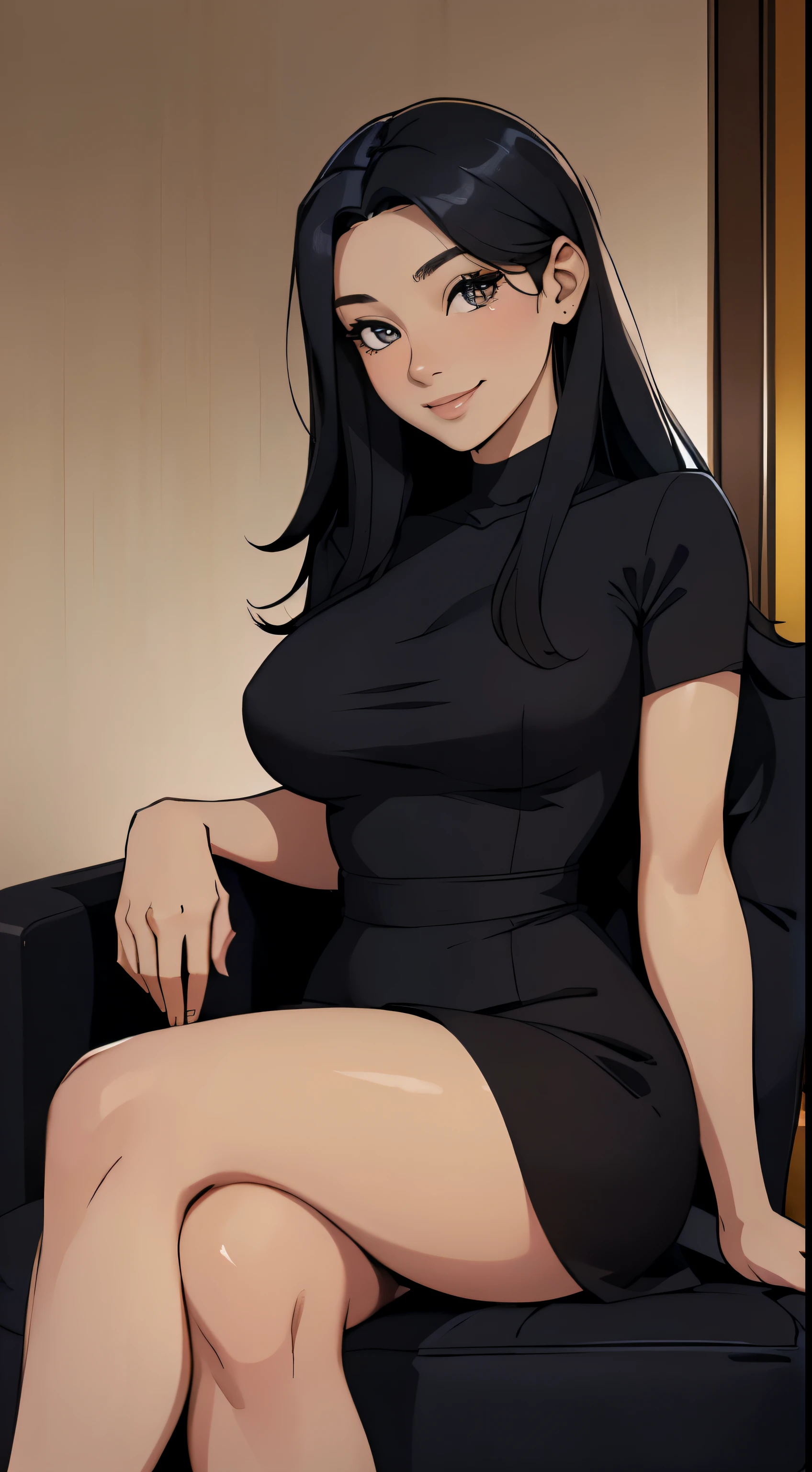 Foto hiperrealista en primer plano de Kim Ji-soo wear black mini dress, siting on the armchair, beautiful legs, y pose, hotel hall, beautiful woman, skinny, large biglack long hair, detailed face, smile, facing the camera, photo taken from a distance, age of 25 year