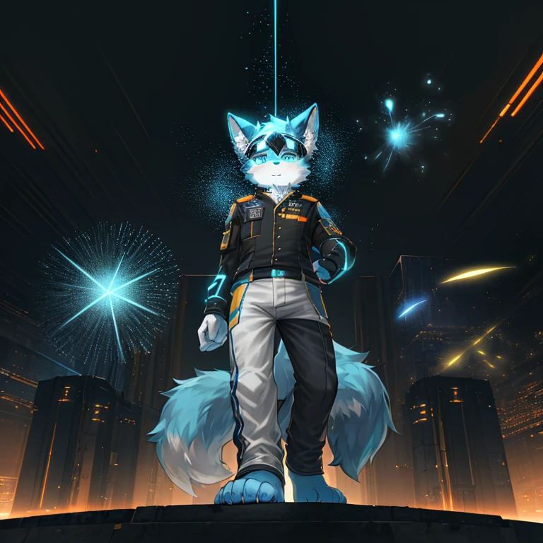 "(高品质of科幻风景和阴影，Ray tracing，Particle effect，8K resolution)，(Cat-eared Shota boy and oversized wolf tail+Large long ears)of(White luminous pants+皮毛是白色of+and blue tricolor luminous clothes)，Wearing a futuristic sci-fi naval battle command uniform，Head mounted visual display goggles，Bestial foot，它散发着神秘而英姿飒爽of可爱气质。"