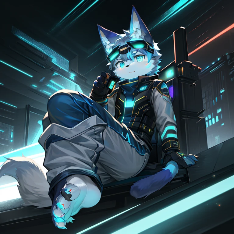 Synthetics Shota the white fox wearing only rubber shorts,((chastity cage)),robot,Synthetics,Synthetics robot