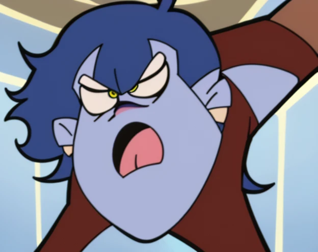 1boy, dark blue hair, short hair, curly hair, hair two side up, crazy eyes, Red Eye, Scornful eye, angry screaming, Blue Techwear Jacket , Brown Pant, Classroom, Surrealism, super detail