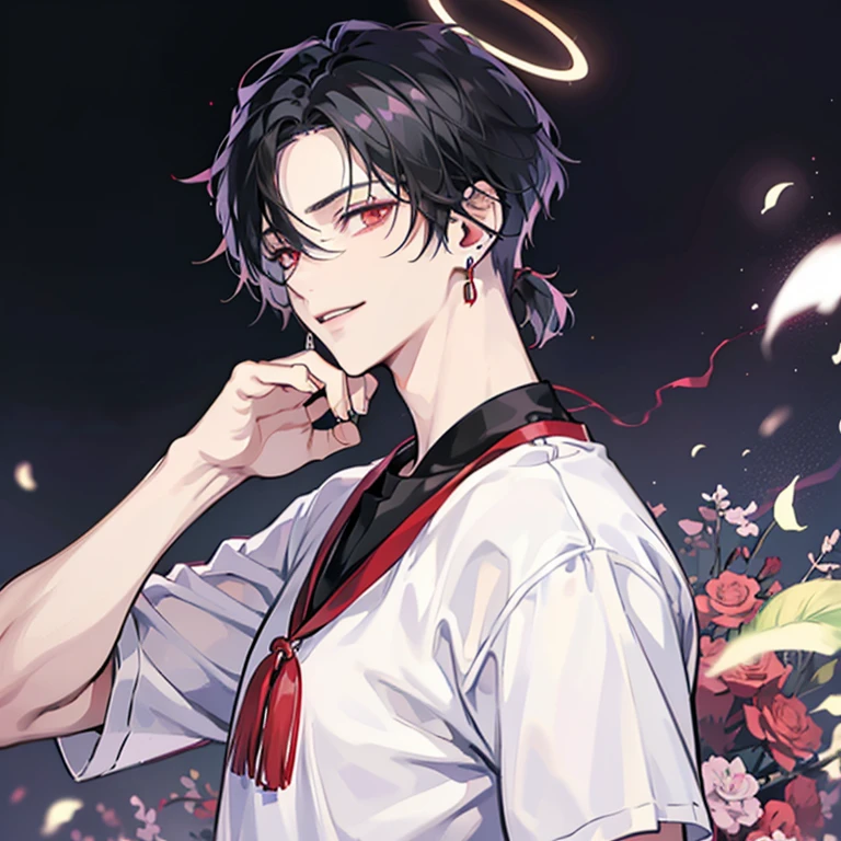 Makes a young man from an anime who has a serious look with black hair, earrings, male red eyes, he has a purple halo, a white t-shirt, with a pair of white earphone, black pants, he smiles, his eyes look tired,he look emo