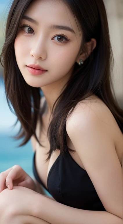asterpiece, Best Quality, 1girl in, Profile face, a stunning face, Blue background, Blurry, blown eyes, Long hair, Upper body,Transparency,Elegant,Double eyelids,chuckle,3/4 length,showing off cleavage