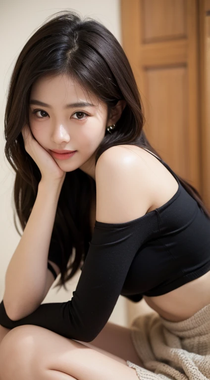 ikon RAW photo,8 k,Fujifilm XT3,masterpiece, best quality, realistic, photorealistic,ultra detailed,1girl,solo, close up portrait, diamond stud earrings, long straight black hair, hazel eyes, serious expression, topless , Ocean , saika1,underless,underless最高品質, 8K, masterpiece :1.3)), 2 Japanese age girls, smile,官能的 small breasts,whole body, Face thinning, Beautiful woman,topless (dark brown hair), :1.1, ,Teabag,highly detailed face, delicate eyes, double eyelid, blurred background, Face thinning, ベージュロングboots,small breasts,Ocean,topless,boots,underless,Ultra beige mini skirt