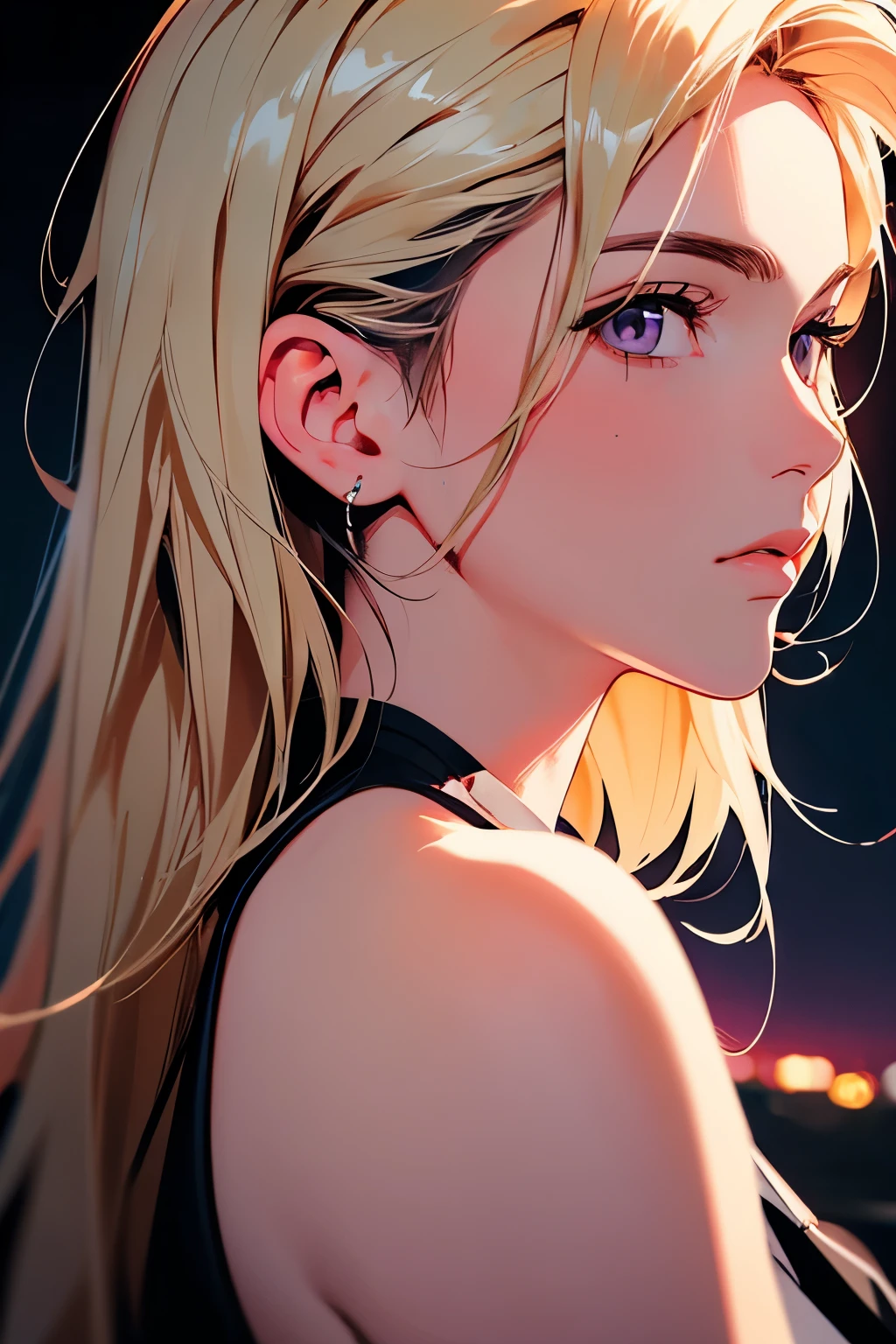 2d illustration, anime, a painting portrait in fine arts, in manhwa style, Bishamon from noragami, 1girl, blond long hair, big hair, purple eyes, makeup, beautiful, high definition, masterpiece, best quality, high detail, high detailed eyes, grain filter, Detailed lips, high resolution, ultra-detalhado, retrato, mulher caucasiana, realista proportions, Anatomicamente preciso, bochechas rosadas; dark lighting, alta qualidade, premiado, high resolution, 8k, at night, usando um moletom