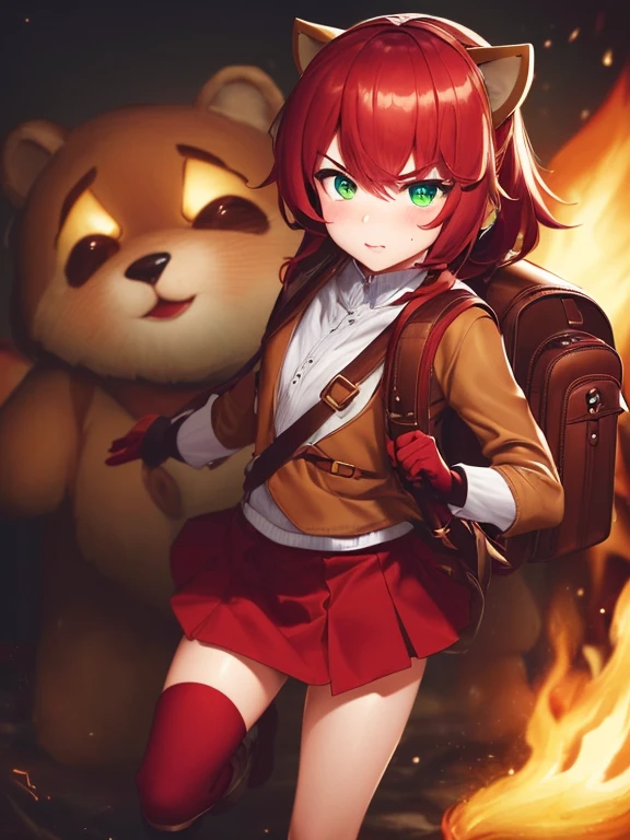 Green Eyes, annie, 1 Girl, flame in hand, Red Hair, Angry, 8k, Light and Shadow, tall, pale, Detailed, masterpiece, symmetrical face, Tibbers, Red Skirt, Green Pupil, brown boots, glove, kneehighs, juliet sleeves, pleated skirt, flat chest, brown leather backpack