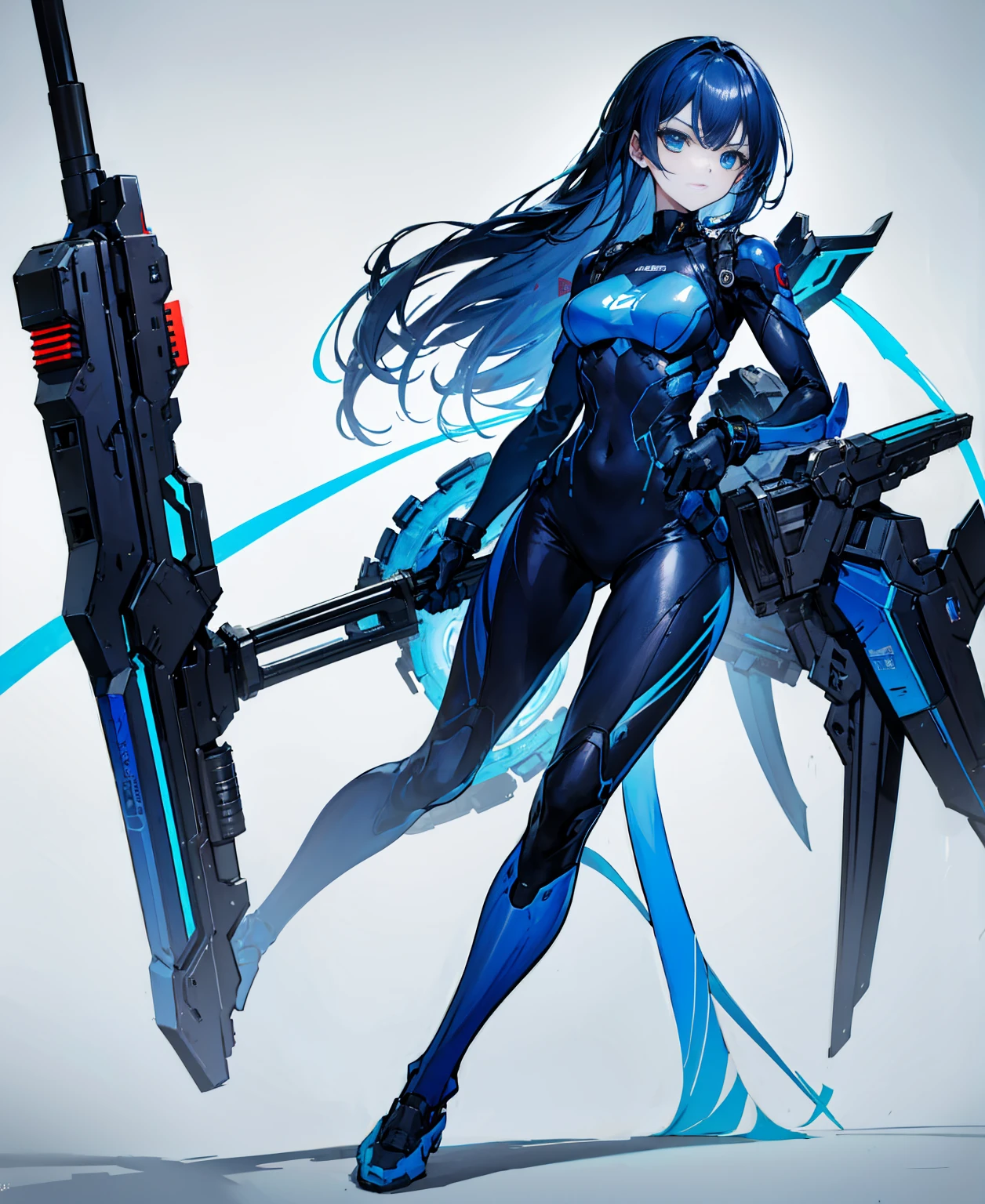 no background,girl,carry a firearm,Enamel-like tight suit,use of firearms,dark blue long hair,attention arousal,blue colored eyes,no gradation