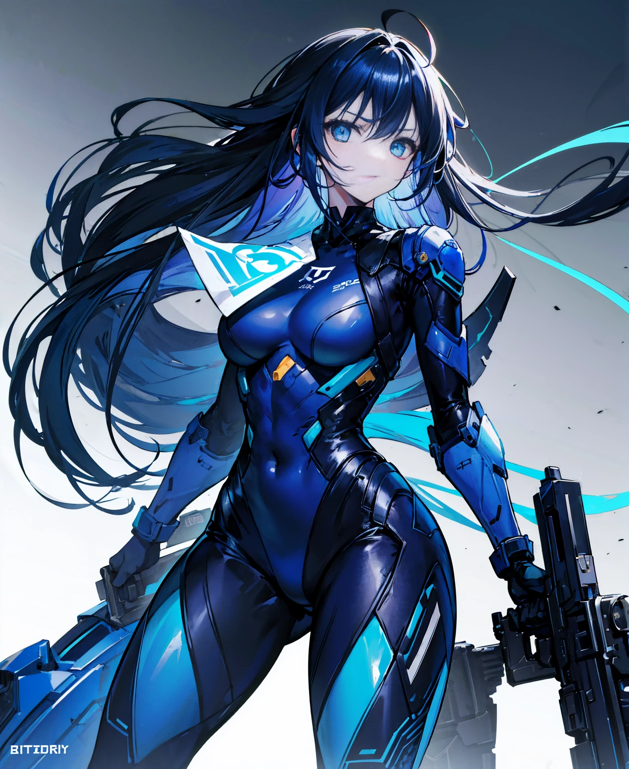 no background,girl,carry a firearm,Enamel-like tight suit,use of firearms,dark blue long hair,attention arousal,blue colored eyes,no gradation
