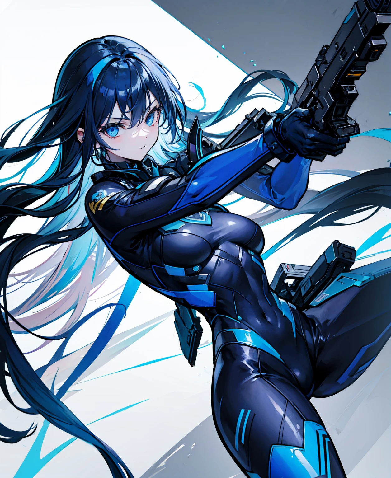 no background，girl，carry a firearm，Enamel-like tight suit，use of firearms，dark blue long hair，attention arousal，blue colored eyes,no gradation