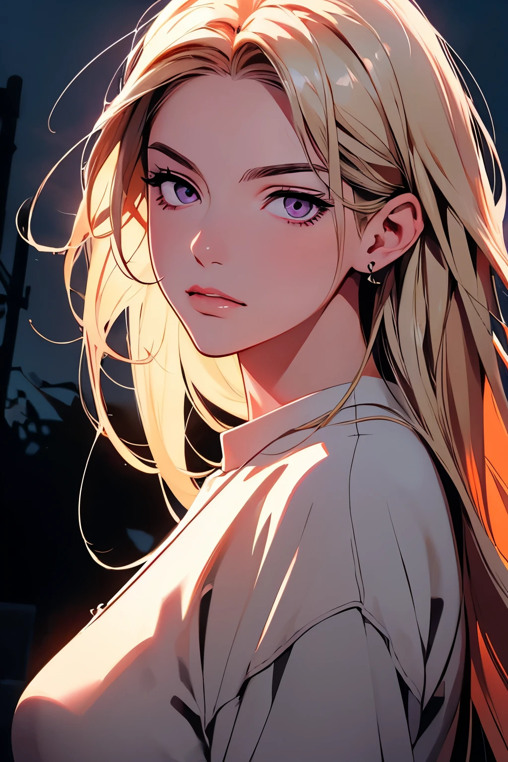 2d illustration, anime, a painting portrait in fine arts, in manhwa style, Bishamon from noragami, 1girl, blond long hair, big hair, purple eyes, makeup, beautiful, high definition, masterpiece, best quality, high detail, high detailed eyes, grain filter, Detailed lips, high resolution, ultra-detalhado, retrato, mulher caucasiana, realista proportions, Anatomicamente preciso, bochechas rosadas; dark lighting, alta qualidade, premiado, high resolution, 8k, at night, usando um moletom