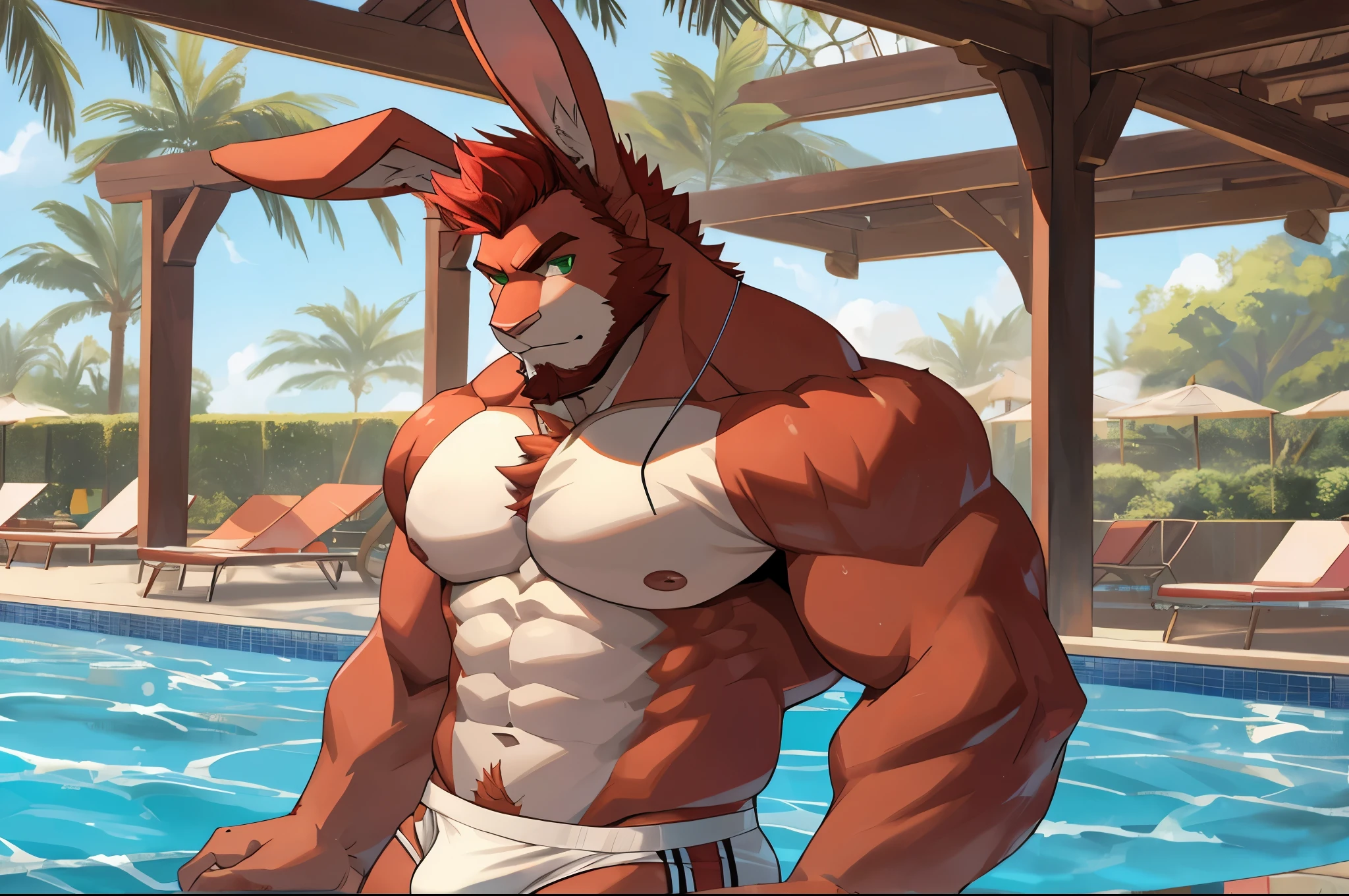((best quality)), ((masterpiece)), (detailed), perfect face, bara furry, rabbit man, big body, pale red skin, short quiff red hair, green eyes, perfect eyes, big rabbit ears, handsome, at pool, white underwear