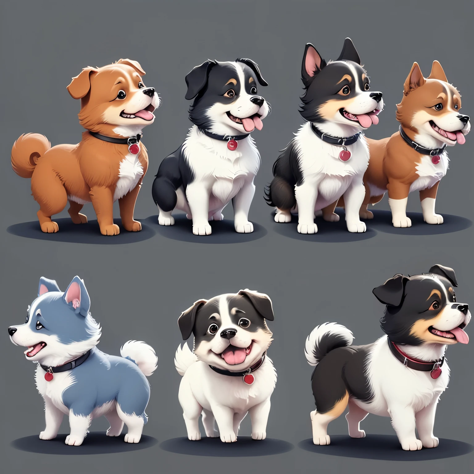 Four Dog of the same size on Jean Julien style, simple sketch-style, minimalistic, four poses and expressions (the first Dog is laughing, the second Dog is angry, the third Dog is speechless, the fourth Dog is sad), thick and cute limbs, minimal detail and movement, black and white, basic lines, simplistic and abstract