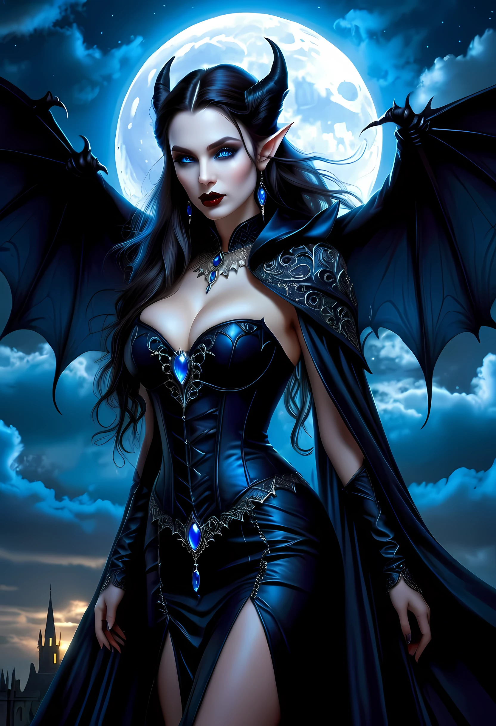 fantasy art, gothic art, (masterpiece:1.5), full body best details, highly detailed, best quality, Glowing blue, highres, full body portrait of a vampire, elf (Masterpiece, best quality: 1.6), ultra feminine, wizard, (intricate details, Masterpiece, best quality: 1.5) with a long curvy hair, dark color hair, (blue:1.3) eyes, (fantasy art, Masterpiece, best quality), ((beautiful delicate face)), Ultra Detailed Face (intricate details, fantasy art, Masterpiece, best quality: 1.5), [[vampiric fangs 1.5]] (white cloak: 1.3) , flowing cloak (intricate details, fantasy art, Masterpiece, best quality: 1.3), wearing an intricate (black: 1.2) dress (intricate details, fantasy art, Masterpiece, best quality: 1.5), high heeled boots, urban background (intense details, beat details), fantasy, at night light, natural ,moon light, clouds, gothic atmosphere, soft light, dynamic light, [[anatomically correct]], high details, best quality, 8k, [ultra detailed], masterpiece, best quality, (extremely detailed), dynamic angle