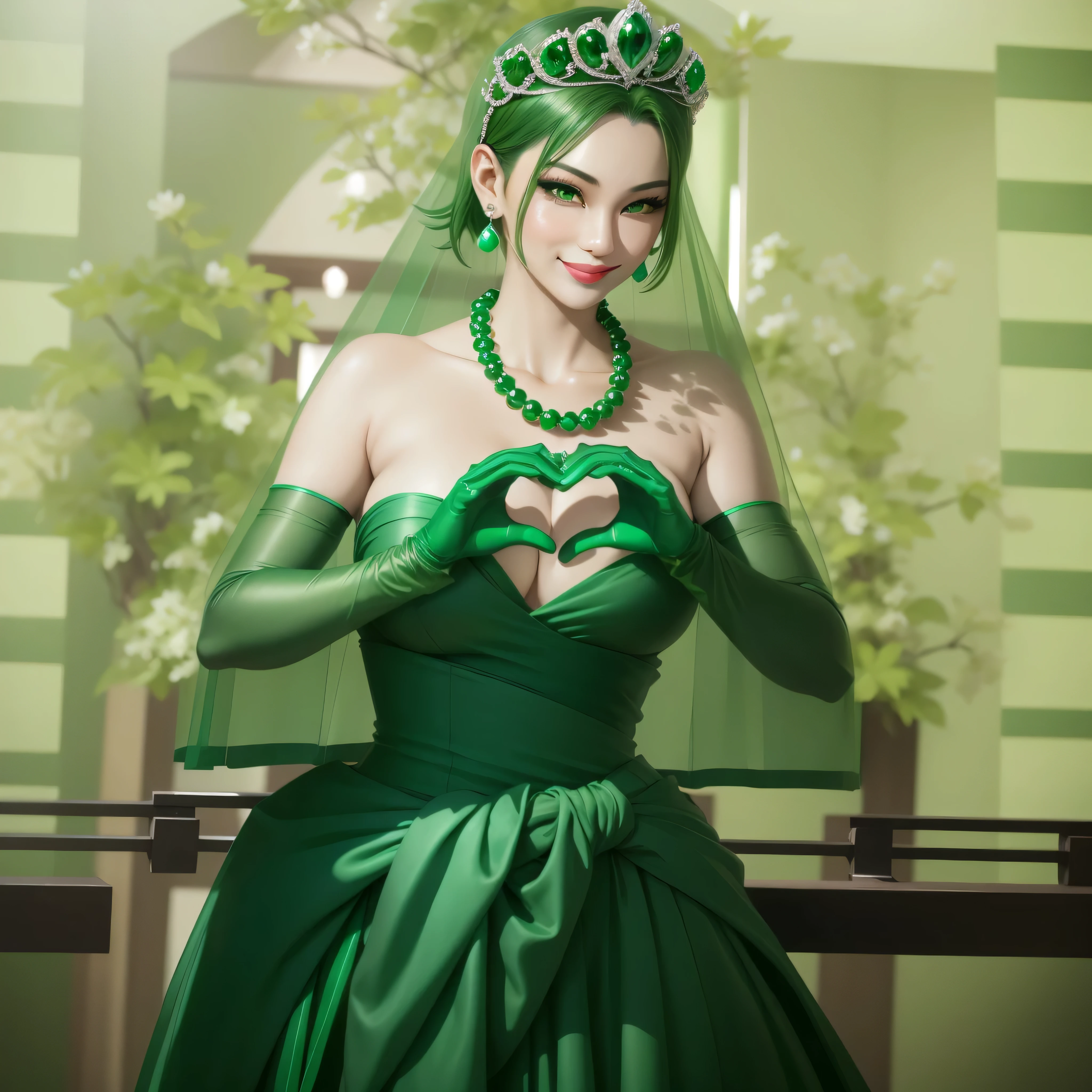 emerald tiara, green pearl necklace, boyish very short green hair, Green Lips, smiling Japanese woman, very short hair, Beautiful woman with , green eyes, Green satin gloves, green eyes, emerald earrings, green veil, Heart with both hands, green hair, beautiful japanese woman, Heart shaped hands:1.3, green lip gloss