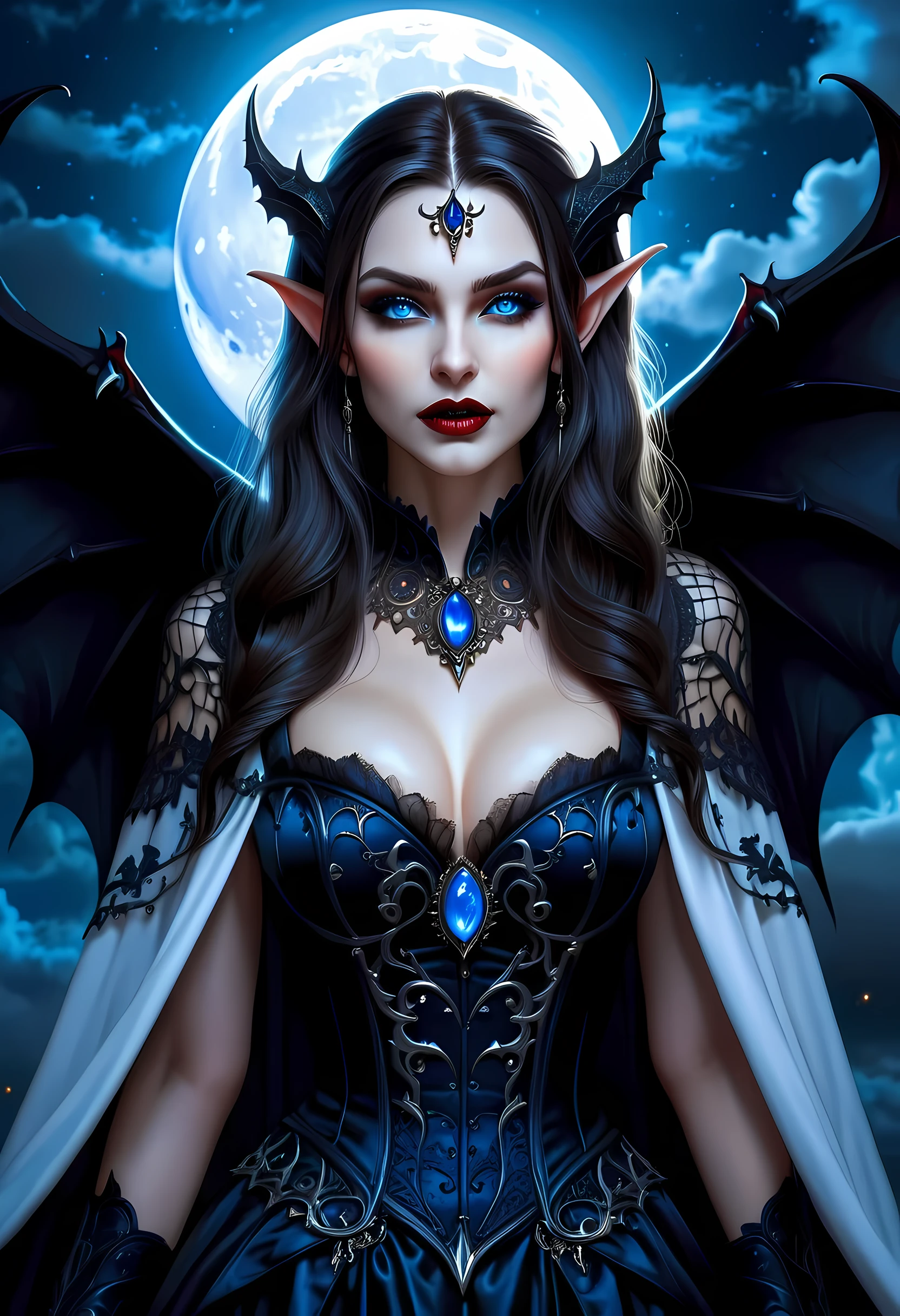 fantasy art, gothic art, (masterpiece:1.5), full body best details, highly detailed, best quality, Glowing blue, highres, full body portrait of a vampire, elf (Masterpiece, best quality: 1.6), ultra feminine, wizard, (intricate details, Masterpiece, best quality: 1.5) with a long curvy hair, dark color hair, (blue:1.3) eyes, (fantasy art, Masterpiece, best quality), ((beautiful delicate face)), Ultra Detailed Face (intricate details, fantasy art, Masterpiece, best quality: 1.5), [[vampiric fangs 1.5]] (white cloak: 1.3) , flowing cloak (intricate details, fantasy art, Masterpiece, best quality: 1.3), wearing an intricate (black: 1.2) dress (intricate details, fantasy art, Masterpiece, best quality: 1.5), high heeled boots, urban background (intense details, beat details), fantasy, at night light, natural ,moon light, clouds, gothic atmosphere, soft light, dynamic light, [[anatomically correct]], high details, best quality, 8k, [ultra detailed], masterpiece, best quality, (extremely detailed), dynamic angle