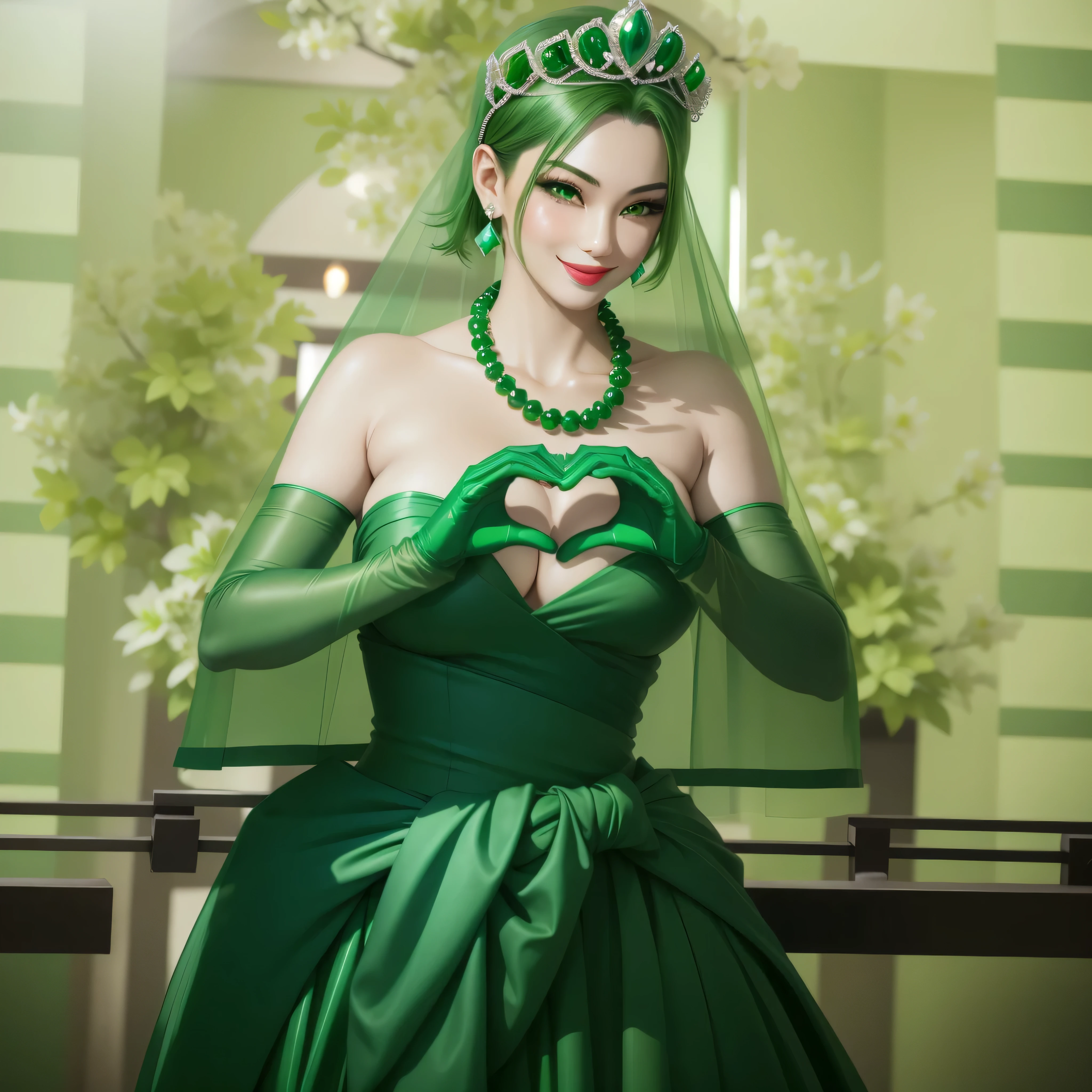 emerald tiara, green pearl necklace, boyish very short green hair, Green Lips, smiling Japanese woman, very short hair, Beautiful woman with , green eyes, Green satin gloves, green eyes, emerald earrings, green veil, Heart with both hands, green hair, beautiful japanese woman, Heart shaped hands:1.3, green lip gloss