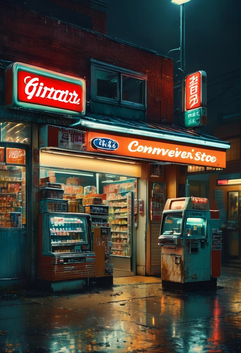 midnight convenience store, best quality, masterpiece, very aesthetic, perfect composition, intricate details, ultra-detailed, by Greg Girard