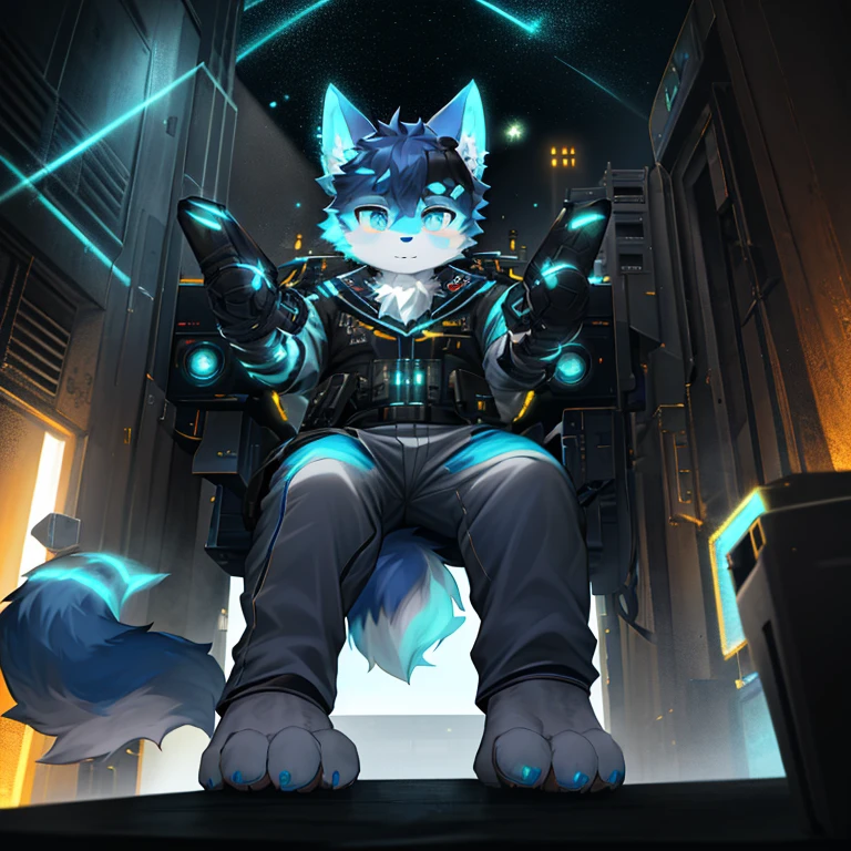 "(高品质of科幻风景和阴影,Ray tracing,Particle effect,8K resolution),(Cat-eared Shota boy and oversized wolf tail+Large long ears)of(White luminous pants+皮毛是白色of+and blue tricolor luminous clothes),Wearing a futuristic sci-fi naval battle command uniform,Head-mounted visual display,Bestial foot,散发着神秘而英姿飒爽of可爱气质。"