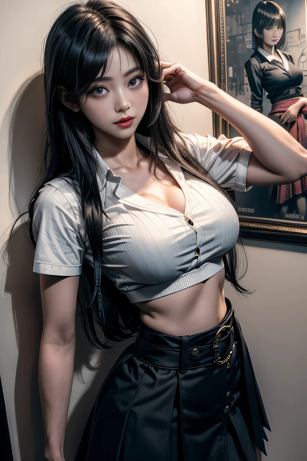 sfw, a japoneses in highschool uniform. 18 yr. oid, Black wet Hair. Survivor Horror (Fatal Frame). Shes a big . Imagem Escura. Olhos com maquiagem em tom cereja., wearing bra,((skinny waist)), young asian girl, ((big breasted)),