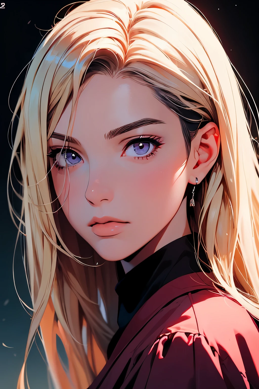 2d illustration, anime, a painting portrait in fine arts, in manhwa style, Bishamon from noragami, 1girl, blond long hair, big hair, purple eyes, makeup, beautiful, high definition, masterpiece, best quality, high detail, high detailed eyes, grain filter, Detailed lips, high resolution, ultra-detalhado, retrato, mulher caucasiana, realista proportions, Anatomicamente preciso, bochechas rosadas; dark lighting, alta qualidade, premiado, high resolution, 8k, at night, usando um pijama