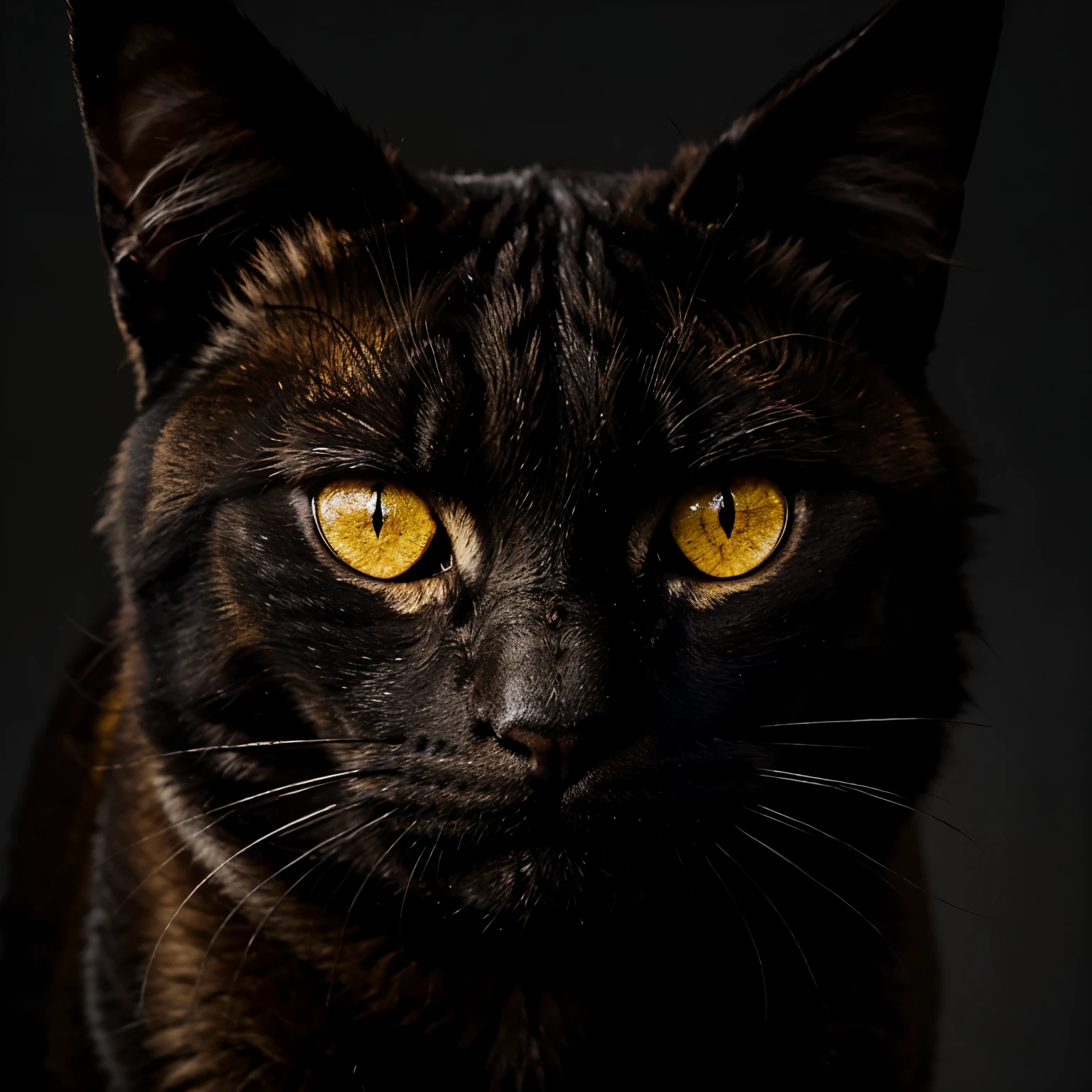 an image with a black background with only the yellow eyes of a cat visible