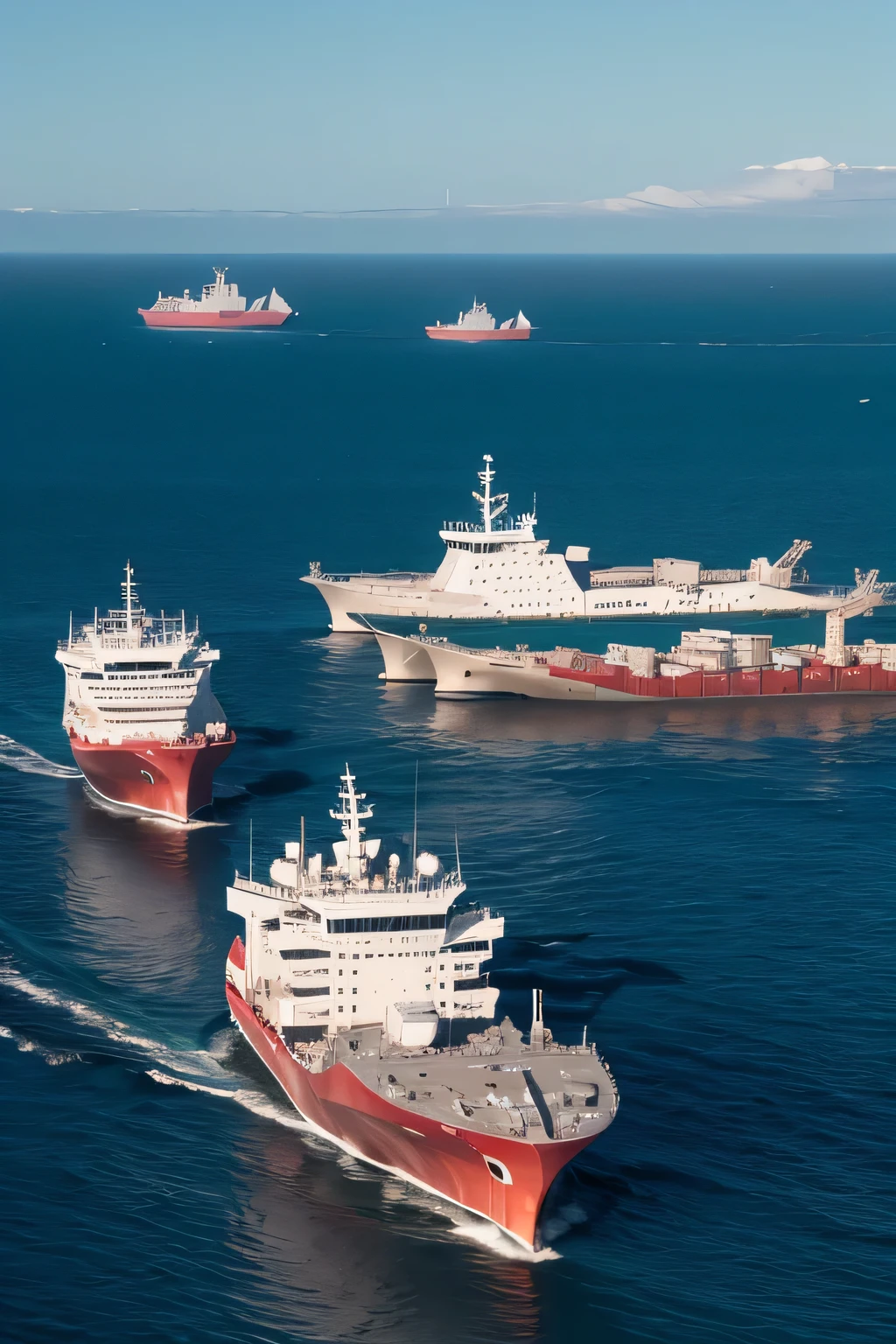 Several small freighter ships, each in the same arrrangement