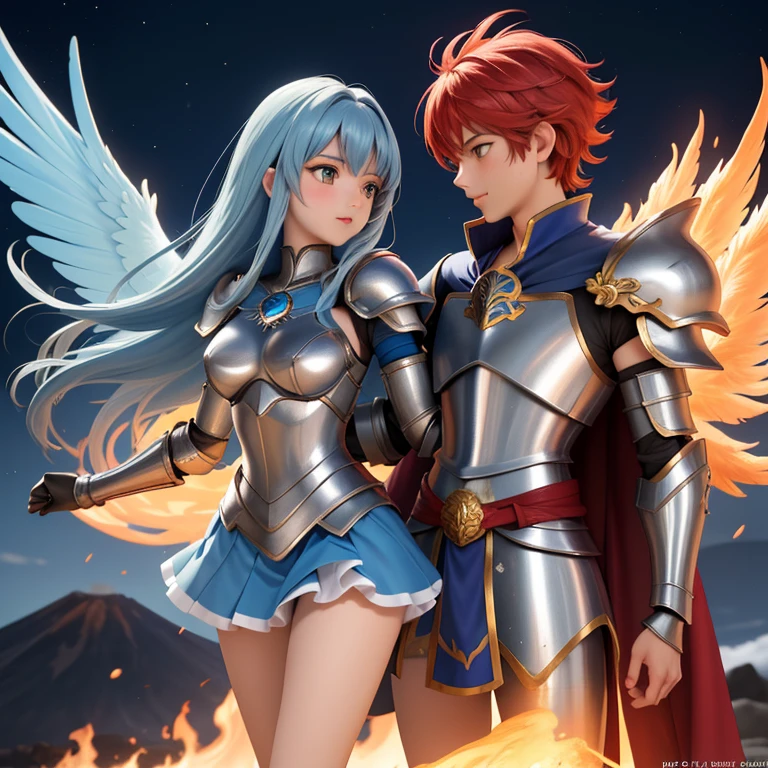 une femme, 25 ans, manga, cheveux longs, cheveux de couleur bleue, blue hairs, grey armor, armure de couleur grise, armure du phoenix de couleur grise, jupe en plumes de phoenix, phoenix feather skirt, pink shest armour, saint seiya, ikki, phoenix, casque, chevalier du zodiaque, sur une ile volcanique, lave, volcan, flammes, flames, volcano