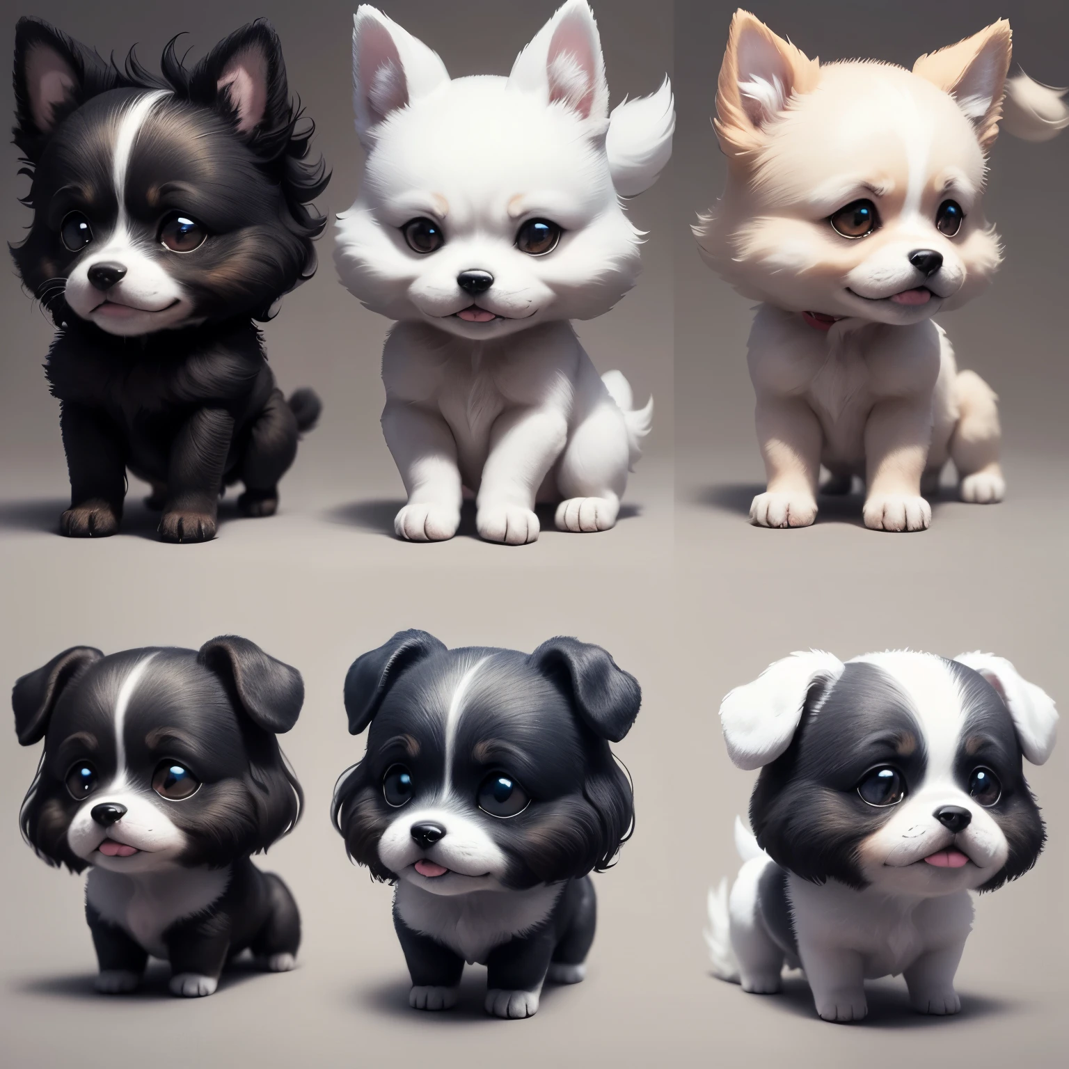 Four Dog of the same size on Jean Julien style, simple sketch-style, minimalistic, four poses and expressions (the first Dog is angry, the third Dog is speechless, the fourth Dog is sad), thick and cute limbs, minimal detail and movement, black and white, basic lines, simplistic and abstract
