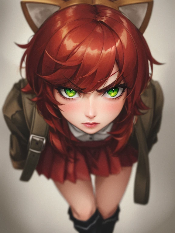 Green Eyes, annie, 1 Girl, flame in hand, Red Hair, Angry, 8k, Light and Shadow, tall, pale, Detailed, masterpiece, symmetrical face, Tibbers, Red Skirt, Green Pupil, brown boots, glove, kneehighs, juliet sleeves, pleated skirt, flat chest, brown leather backpack, short hair,  fake cat ears,
