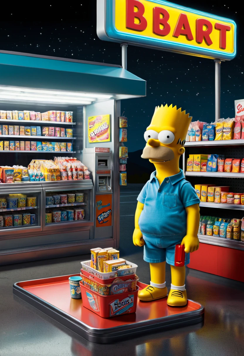 midnight convenience store, Movie Still, Bart Simpson, (masterpiece, best quality, Professional, perfect composition, very aesthetic, absurdres, ultra-detailed, intricate details:1.3)