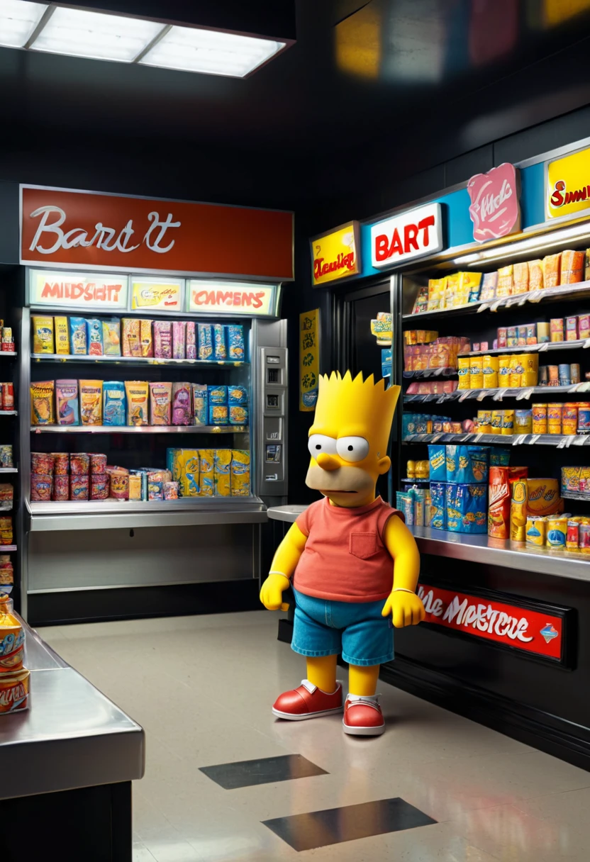 midnight convenience store, Movie Still, Bart Simpson, (masterpiece, best quality, Professional, perfect composition, very aesthetic, absurdres, ultra-detailed, intricate details:1.3)