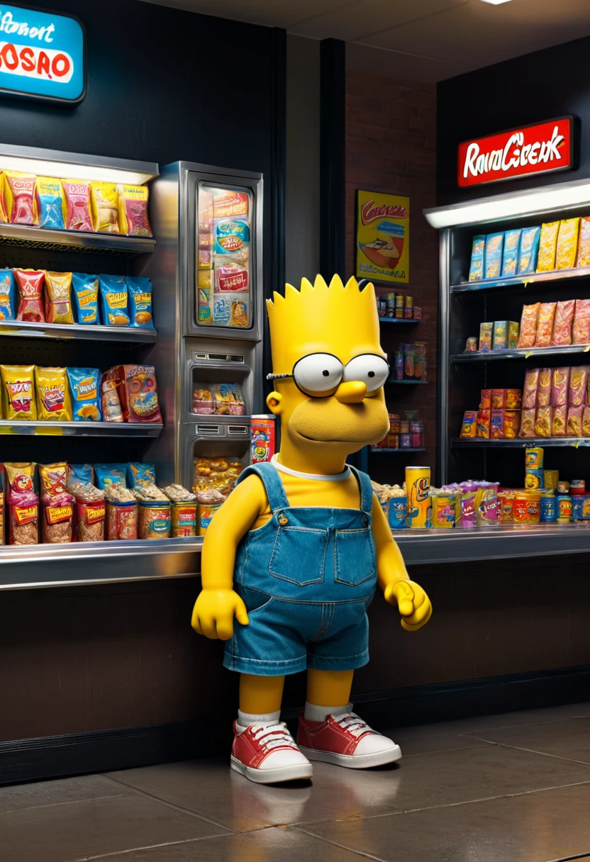 midnight convenience store, Movie Still, Bart Simpson, (masterpiece, best quality, Professional, perfect composition, very aesthetic, absurdres, ultra-detailed, intricate details:1.3)