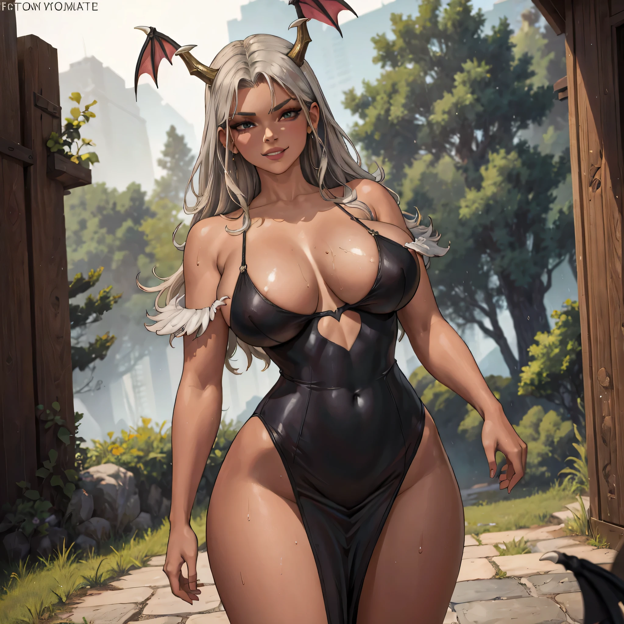 (best quality,4k,8k,highres,masterpiece:1.2), ultra-detailed, (realistic,photorealistic,photo-realistic:1.37), mature ebony-skinned female with long flowing silver hair, wearing a gilded form-fitting dress, curvy, thicc, has large black demon wings, has demonic horns, alluring gaze, portraits, seductive grin, standing in the rain, she is wet, MORRIGAN