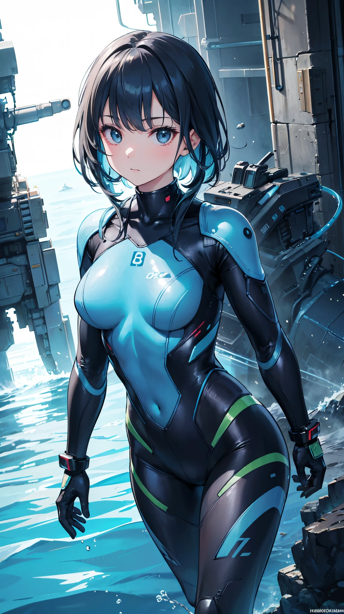 8k, best quality, (lifelike:1.4), original photo, 1 girl, Nautolan hair, vibroblade, aquatic combat suit, posture: defending underwater city from hostile aliens, alert black eyes