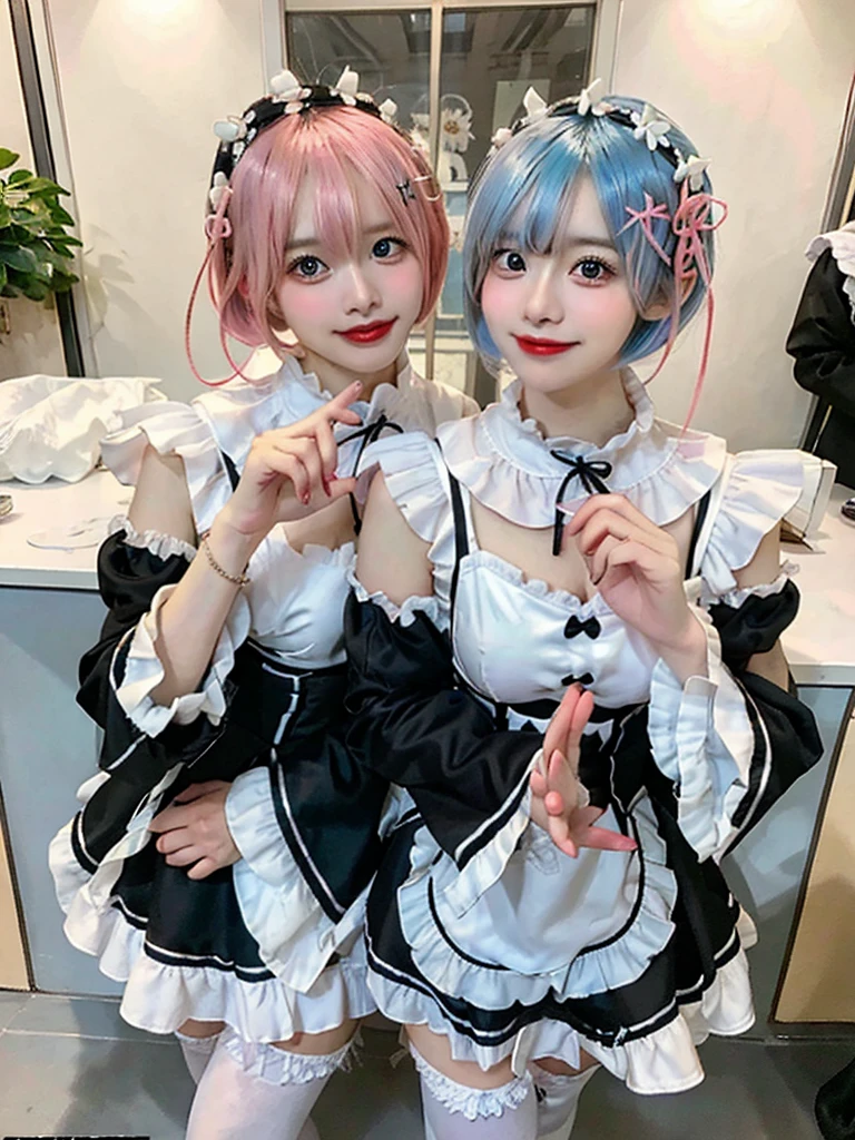 (8K, Photorealistic, Raw photo, of the highest quality: 1.3), (1girl in), Super beautiful, (Realistic face), (boyish, pink Color Berry Shorthair), Beautiful , Glare that captivates the viewer, Beautiful expression, Beautiful breasts, (Realistic skin), Be...Create a detailed and colorful image of Ram and Rem from Re:Zero, standing back-to-back in their maid outfits, with a magical fantasy background、14years old, two girls,cute, perfect face, beautiful, nice body, gothic lolita clothes, gothic lolita fashion, frilly skirt, headdress, necklace, bracelet, knee-high socks, boots, double eyelids, tear bags, Detailed down to the fingers, photo-like description, indoors, dim indoor lighting, one girl is pink hair and short bob, another girl is light blue hair and short bob,standing, sexy posing,whole body, composition that shows the whole body, smiling,The Both of them are wearing the same type of maid outfit,Optimal ratio of 4 fingers and 1 thumb