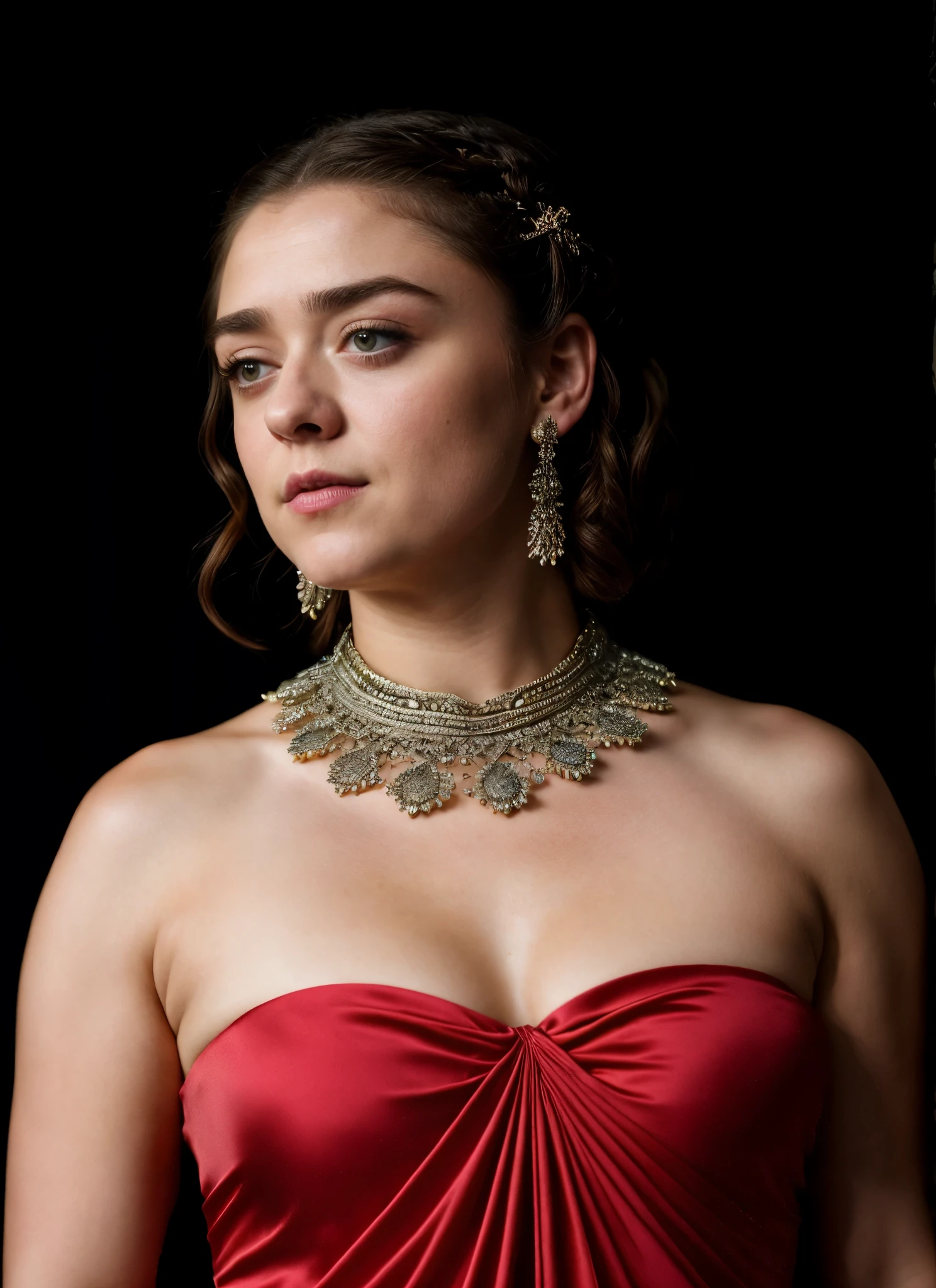 Foto RAW, Arya Stark, Extremely gorgeous lady, Arya Stark PLAYED BY MAISIE WILLIAMS, Queen Arya Stark, she  a mature woman now, milf, sexy mediaeval battle dress, gladiator woman, body, 40 years old Woman, body revealing costumes, perky breast, big natural breast, erotic costumes, lusty physique, seductive figure can capture every people's attention, Game of thrones costumes, revealing captivating figure, Mediaeval costumes, revealing clothes, A tomboy, she would rather fence than dance, warrior queen , game of thrones screen caps, Game of Thrones Series, (pele altamente detalhada: 1.2), 8k UHD, DSLR, soft-lighting, alta qualidade, grain of film, Fujifilm XT3, flawless picture, highly detailed, detailed Beauty, intricate, 32k, sharp picture,