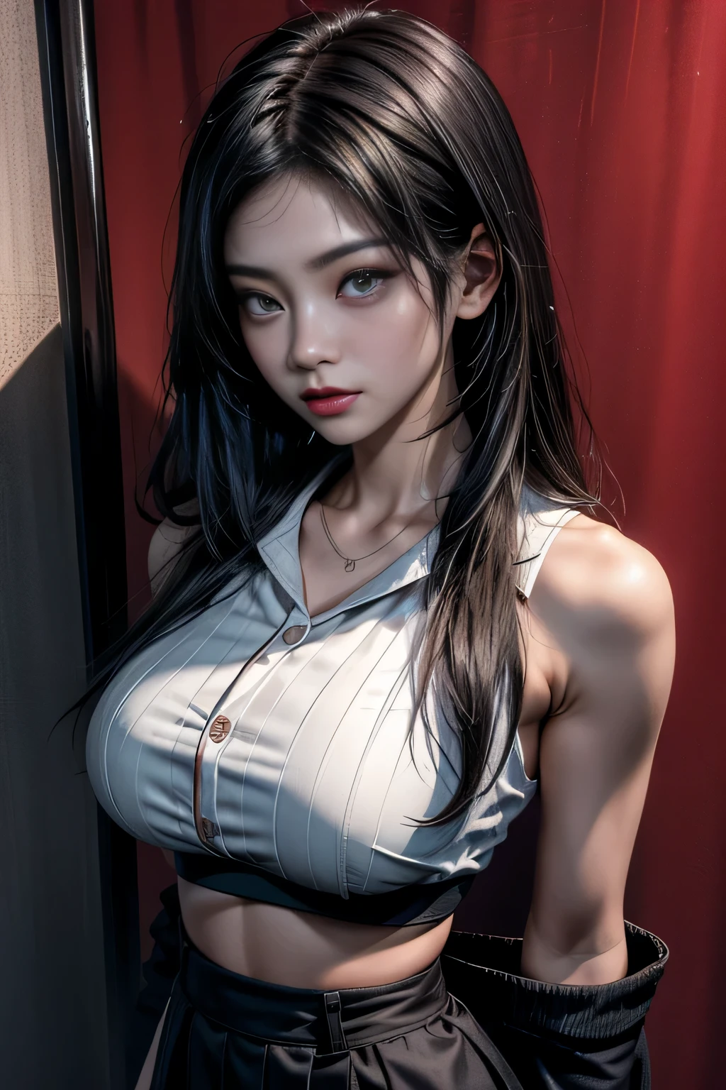 sfw, a japoneses in highschool uniform. 18 yr. oid, Black wet Hair. Survivor Horror (Fatal Frame). Shes a big . Imagem Escura. Olhos com maquiagem em tom cereja., wearing bra,((skinny waist)), young asian girl, ((big breasted)),