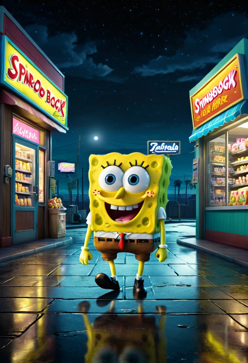 midnight convenience store, Movie Still, action shot, SpongeBob SquarePants, (masterpiece, best quality, Professional, perfect composition, very aesthetic, absurdres, ultra-detailed, intricate details:1.3)