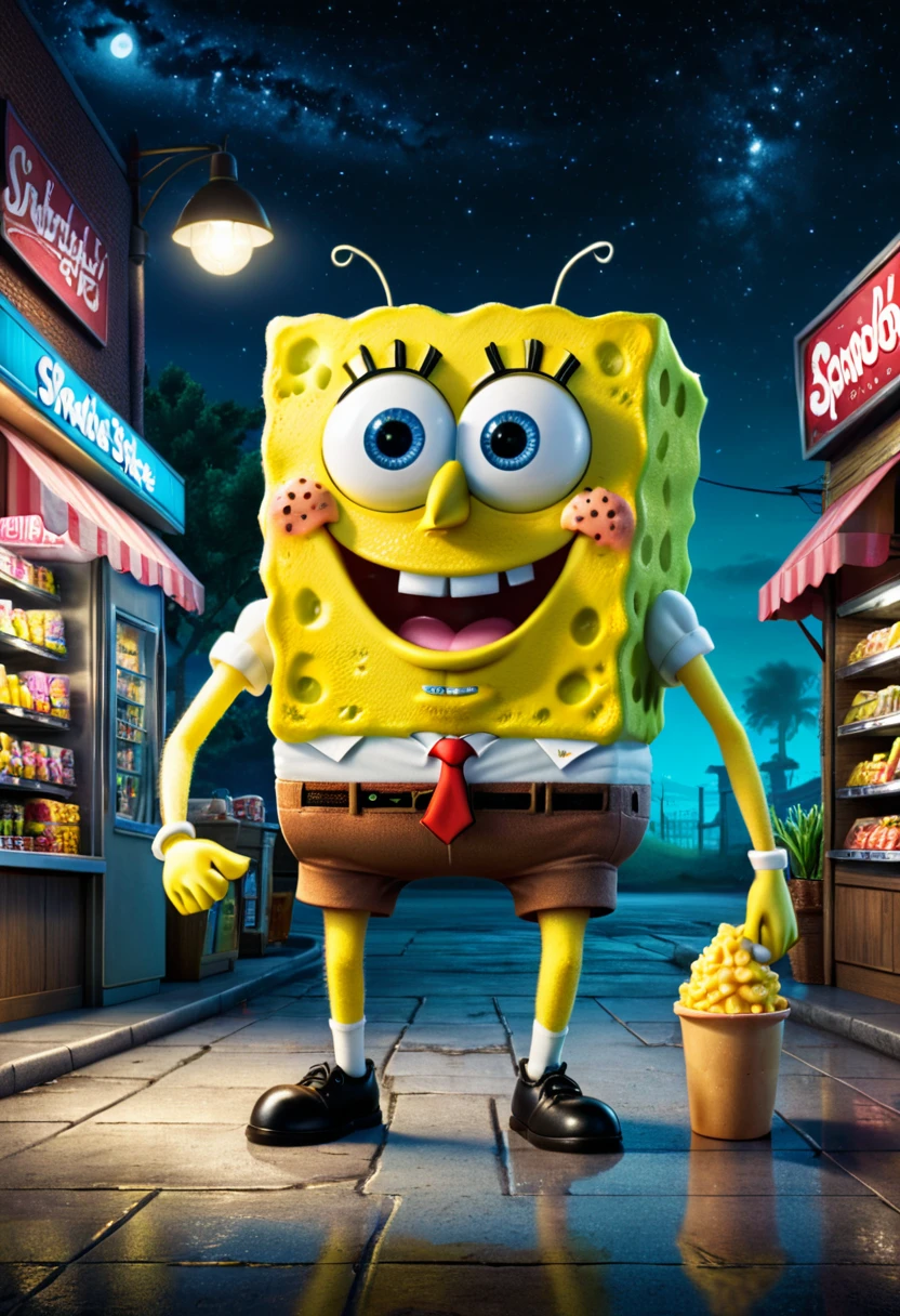 midnight convenience store, Movie Still, action shot, SpongeBob SquarePants, (masterpiece, best quality, Professional, perfect composition, very aesthetic, absurdres, ultra-detailed, intricate details:1.3)