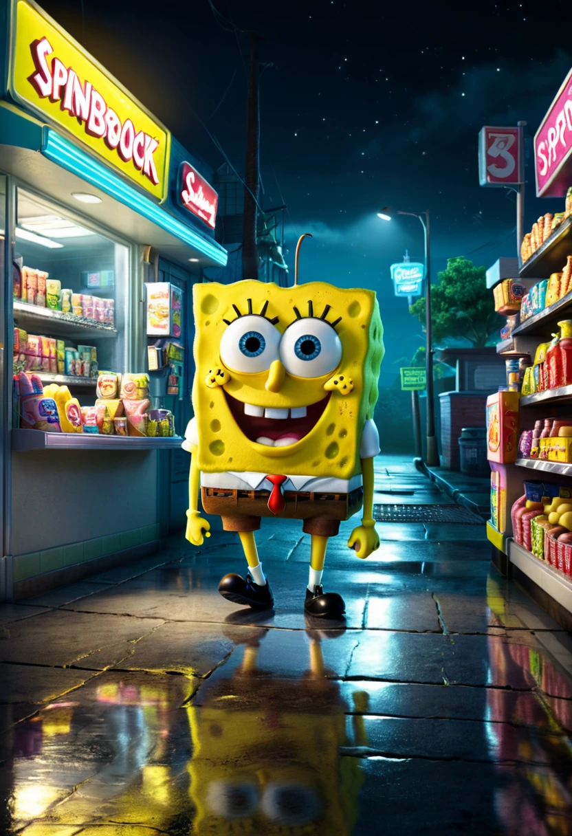 midnight convenience store, Movie Still, action shot, SpongeBob SquarePants, (masterpiece, best quality, Professional, perfect composition, very aesthetic, absurdres, ultra-detailed, intricate details:1.3)