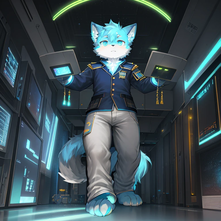 "(高品质of科幻风景和阴影,Ray tracing,Particle effect,8K resolution),(Cat-eared Shota boy and oversized wolf tail+Large long ears)of(White luminous pants+皮毛是白色of+and blue tricolor luminous clothes),individual,Wearing a futuristic sci-fi naval battle command uniform,Eye-level display,Bestial foot,散发着神秘而英姿飒爽of可爱气质。"
