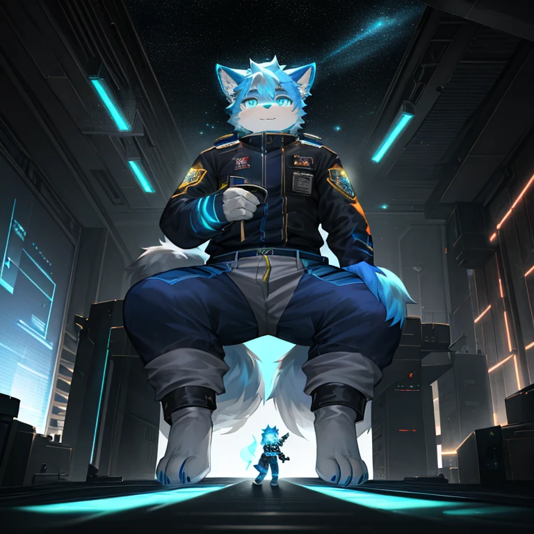 "(高品质of科幻风景和阴影,Ray tracing,Particle effect,8K resolution),(Cat-eared Shota boy and oversized wolf tail+Large long ears)of(White luminous pants+皮毛是白色of+and blue tricolor luminous clothes),individual,Wearing a futuristic sci-fi naval battle command uniform,Eye-level display,Bestial foot,散发着神秘而英姿飒爽of可爱气质。"