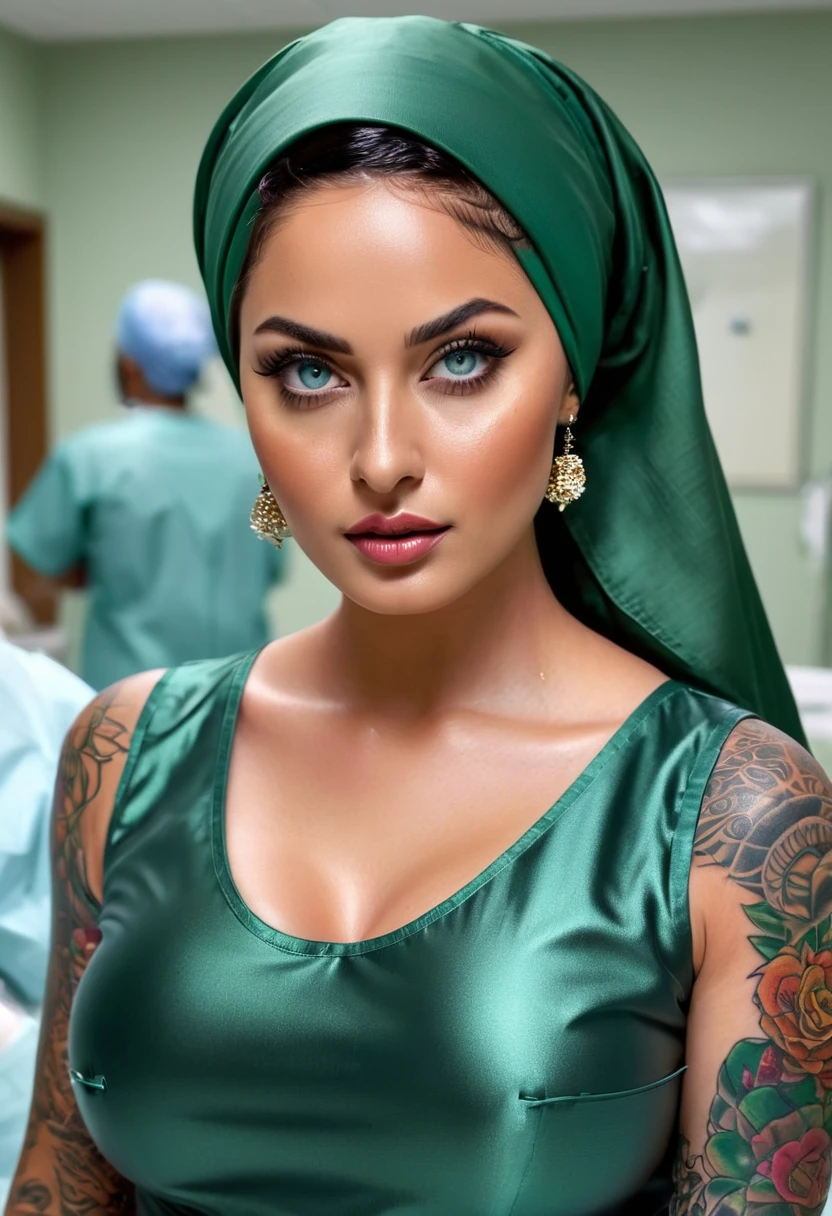 (muste piece, highest quality)((8k)),full body ,colored tattoo,super detailed, Doctor surgeon,muslem girl,arab girl ,blue eyes ,photorealistic,dark bronze shiny skin,beautiful female model,(( surgeon,wearing dress,Surgical green gown, blouse,arabic traditional dress,traditional bra , turban )) big tits, whitestockings, perfect face, beautiful face, attractive, big gorgeous ass,very big tits,big ass,maldive ((in surgery room)),thin waist, open leg ,horny ,horny, (shiny skin), she is wet and intimate, she has a submissive expression, direct eye contact, hyperrealistic, unreal engine 5,Suggested pose, 8K