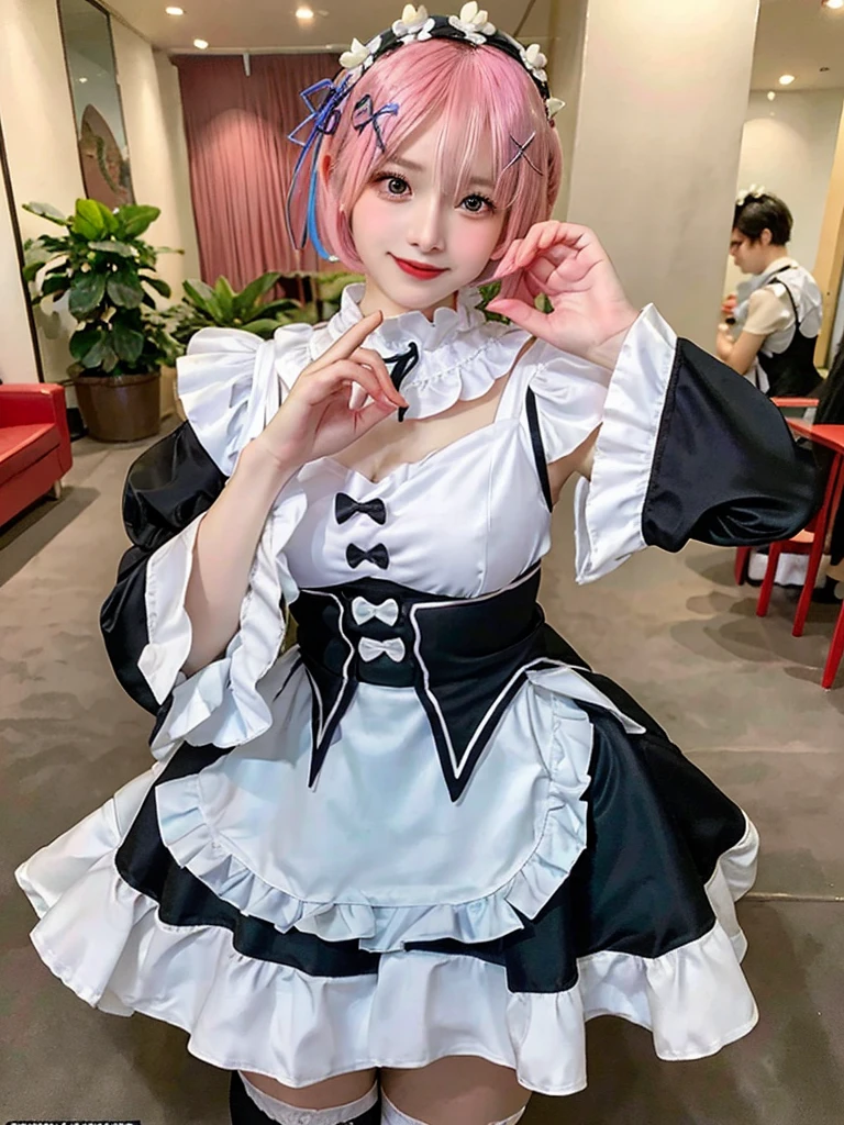 (8K, Photorealistic, Raw photo, of the highest quality: 1.3), (1girl in), Super beautiful, (Realistic face), (boyish, pink Color Berry Shorthair), Beautiful , Glare that captivates the viewer, Beautiful expression, Beautiful breasts, (Realistic skin), Be...Create a detailed and colorful image of Ram and Rem from Re:Zero, standing back-to-back in their maid outfits, with a magical fantasy background、14years old, two girls,cute, perfect face, beautiful, nice body, gothic lolita clothes, gothic lolita fashion, frilly skirt, headdress, necklace, bracelet, knee-high socks, boots, double eyelids, tear bags, Detailed down to the fingers, photo-like description, indoors, dim indoor lighting, one girl is pink hair and short bob, another girl is light blue hair and short bob,standing, sexy posing,whole body, composition that shows the whole body, smiling,The Both of them are wearing the same type of maid outfit,Optimal ratio of 4 fingers and 1 thumb