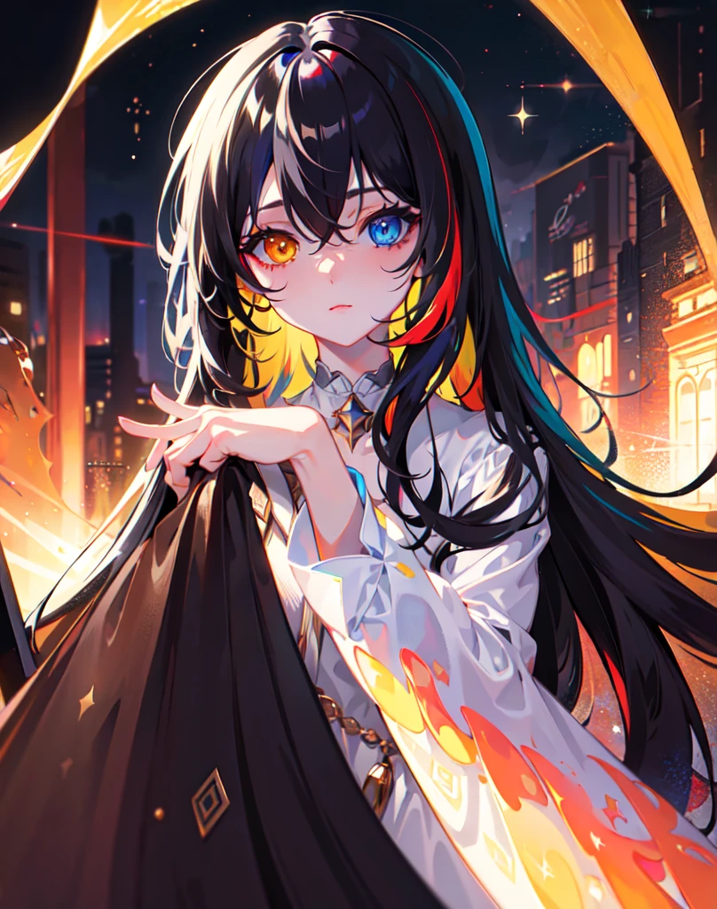 {{masterpiece}}, best quality, extremely detailed CG unity 8k wallpaper, cinematic lighting, lens flare, beautiful detail eyes, black, side glance, multicolor hair, colorful light, particles, heterochromia, (colorful:1.5), (colorful hair:1.5),