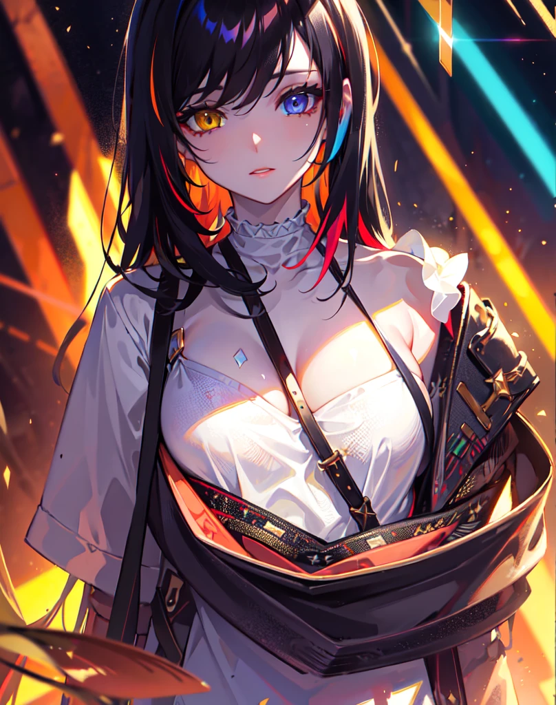 {{masterpiece}}, best quality, extremely detailed CG unity 8k wallpaper, cinematic lighting, lens flare, beautiful detail eyes, black, side glance, multicolor hair, colorful light, particles, heterochromia, (colorful:1.5), (colorful hair:1.5),